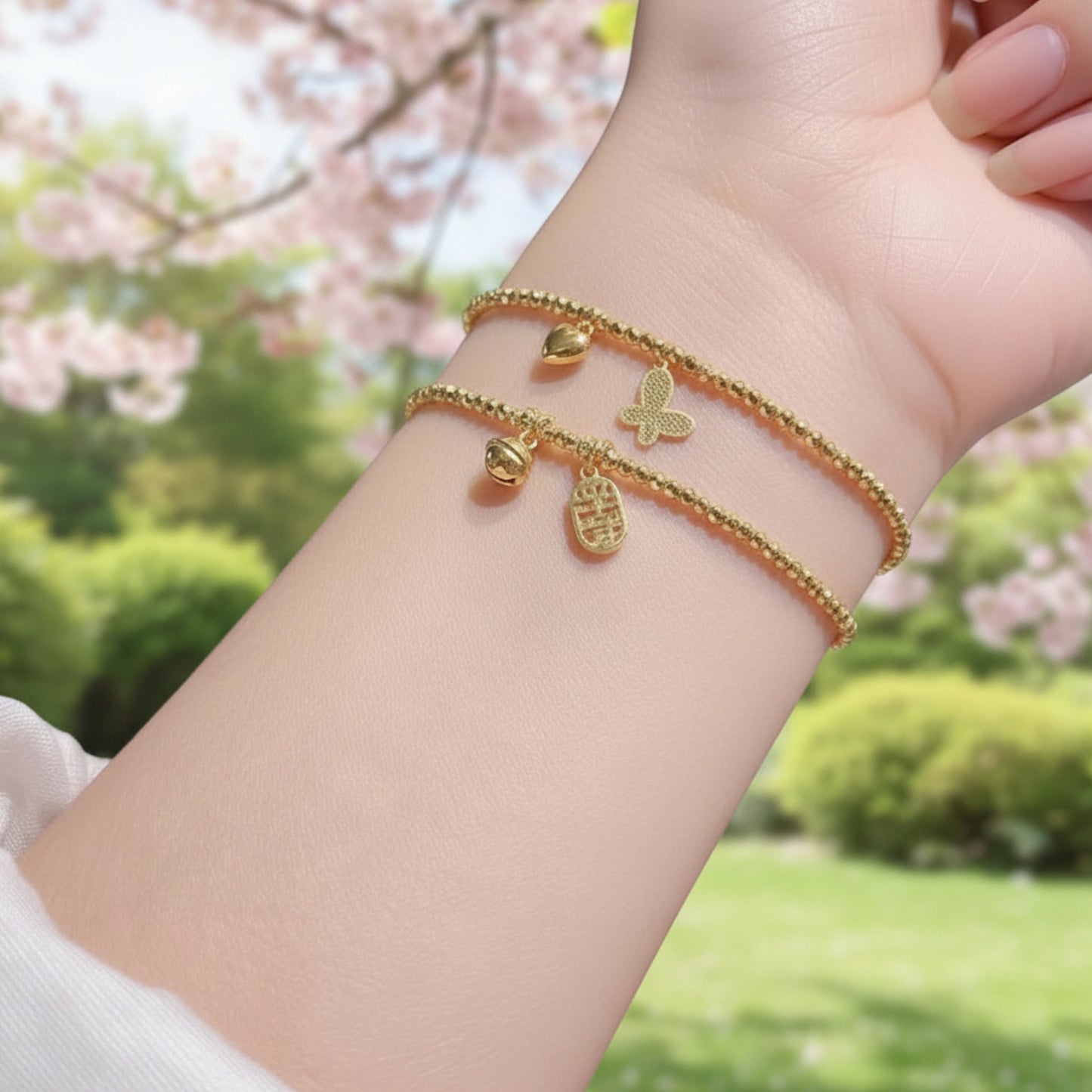 24k 999 5G Gold Beads Bracelet with Butterfly Heart Charm