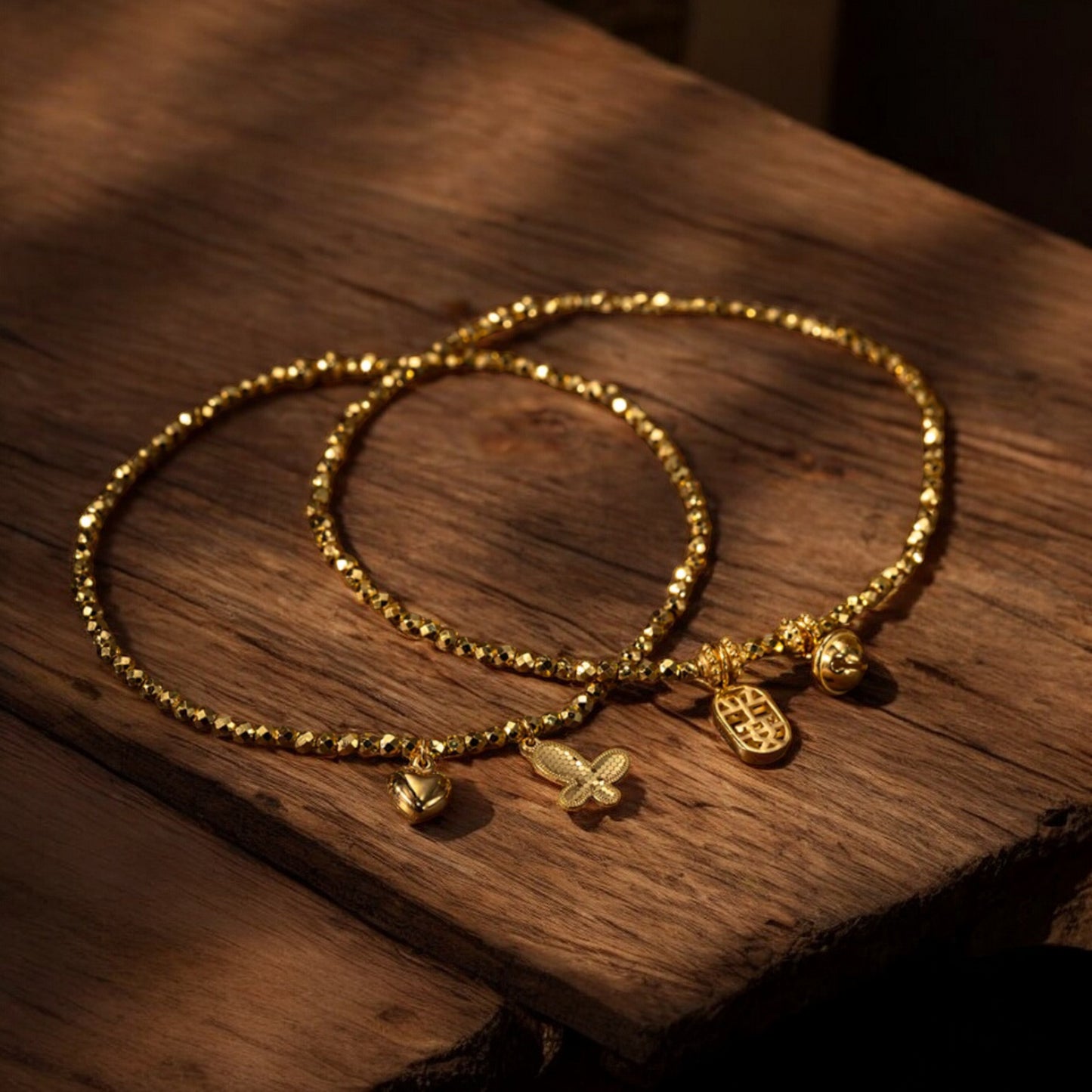 24k 999 5G Gold Beads Bracelet with Butterfly Heart Charm