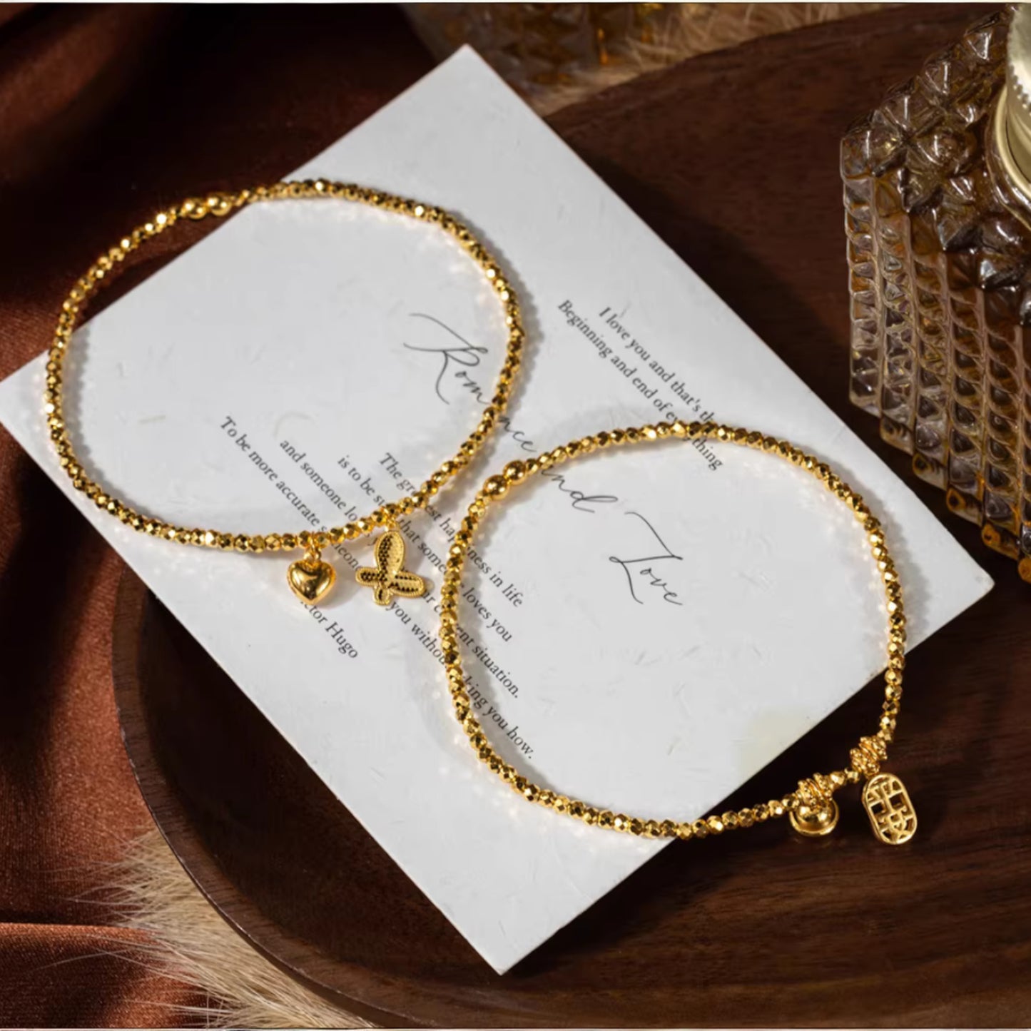 24k 999 5G Gold Beads Bracelet with Butterfly Heart Charm