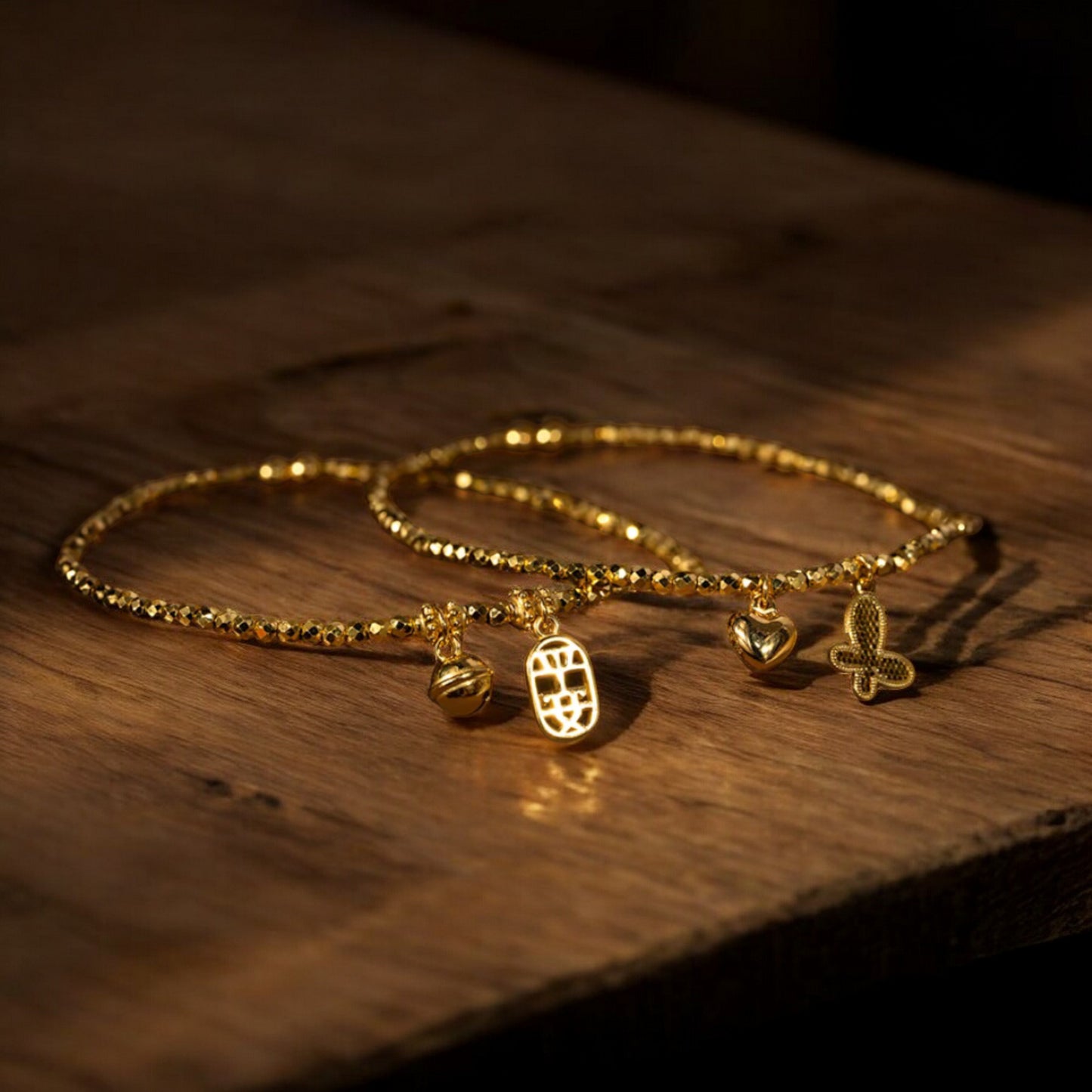 24k 999 5G Gold Beads Bracelet with Butterfly Heart Charm