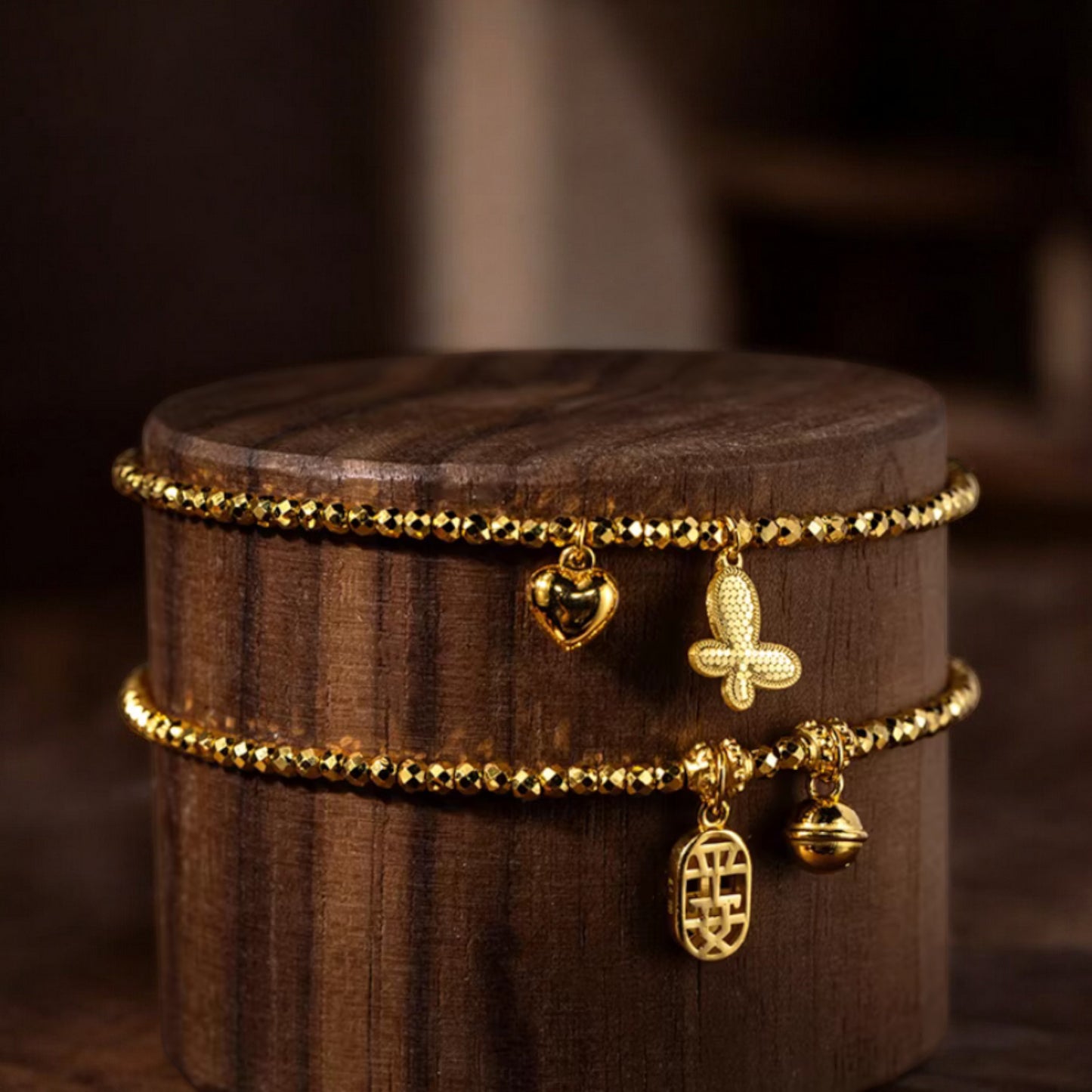 24k 999 5G Gold Beads Bracelet with Butterfly Heart Charm