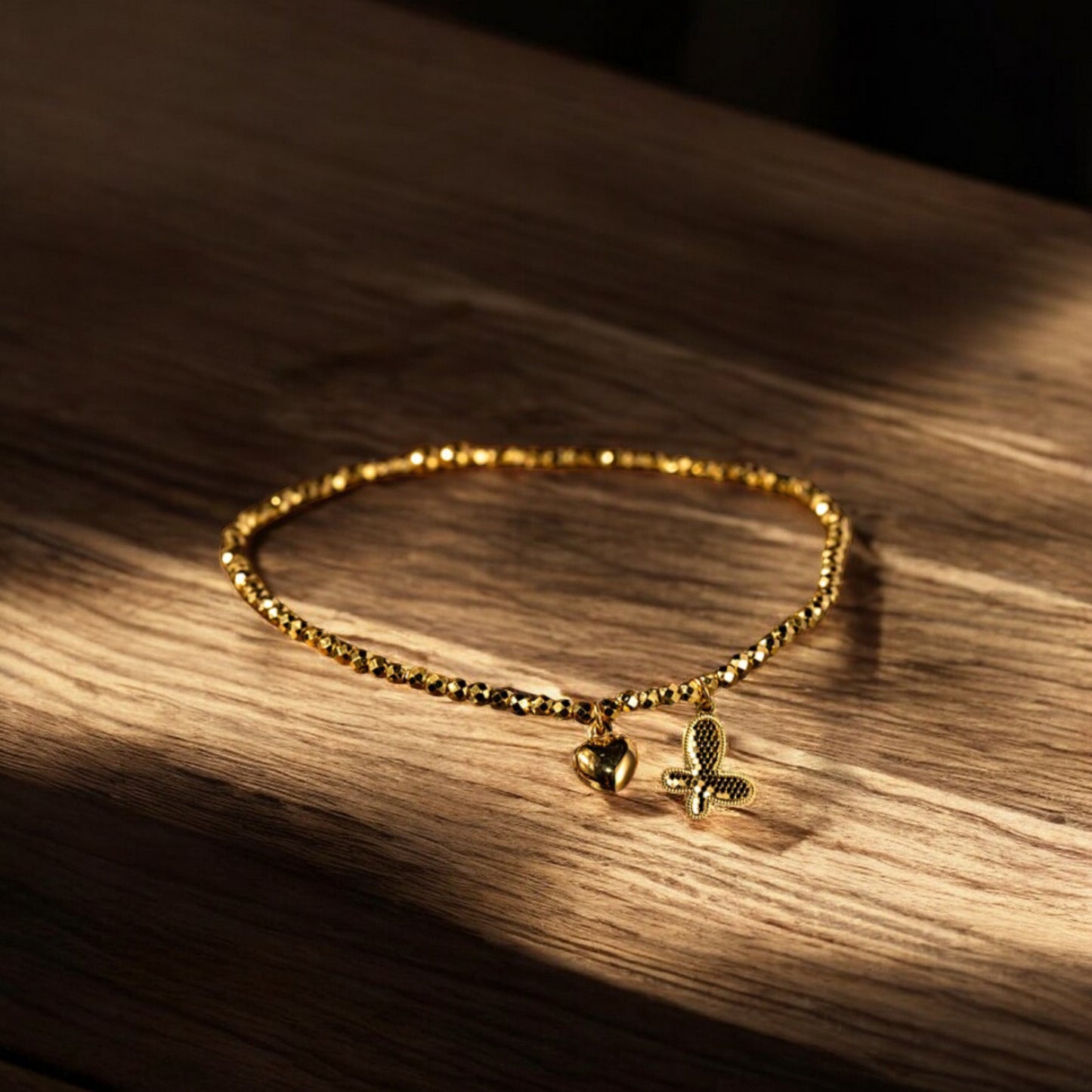 24k 999 5G Gold Beads Bracelet with Butterfly Heart Charm