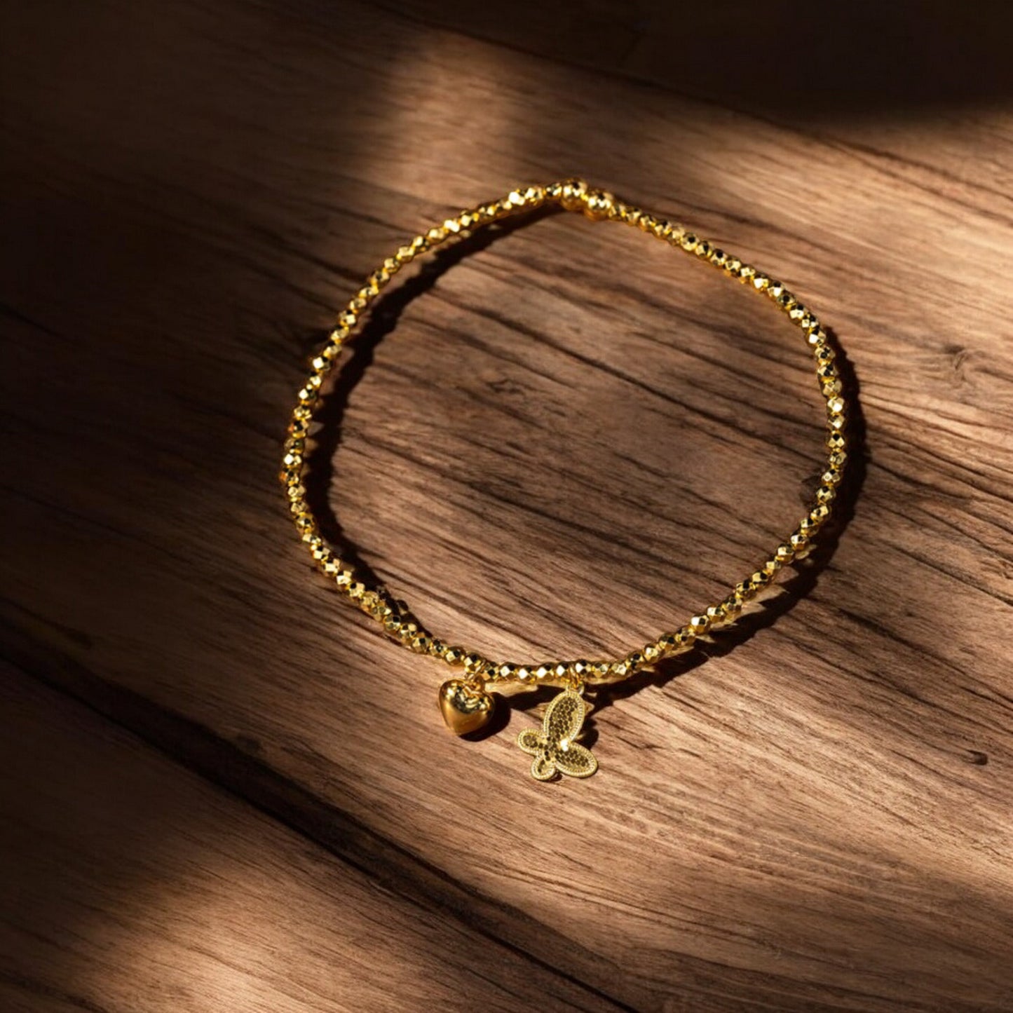24k 999 5G Gold Beads Bracelet with Butterfly Heart Charm