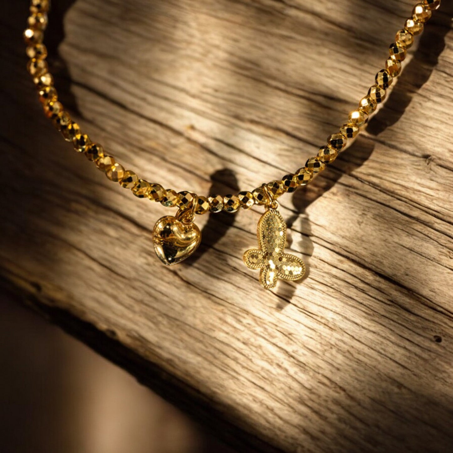24k 999 5G Gold Beads Bracelet with Butterfly Heart Charm