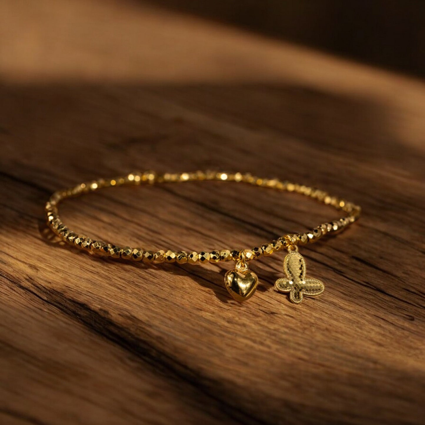 24k 999 5G Gold Beads Bracelet with Butterfly Heart Charm