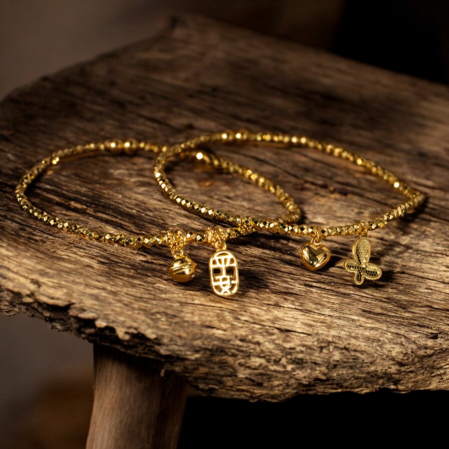 24k 999 5G Gold Beads Bracelet with Butterfly Heart Charm