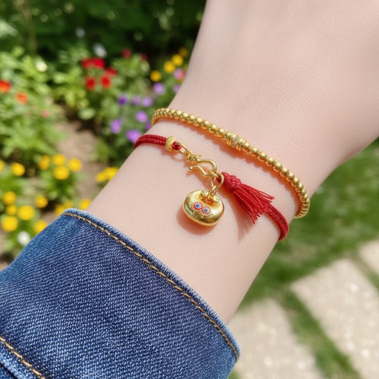 24k 999 Gold Lucky Bag Charm Red String Bracelet