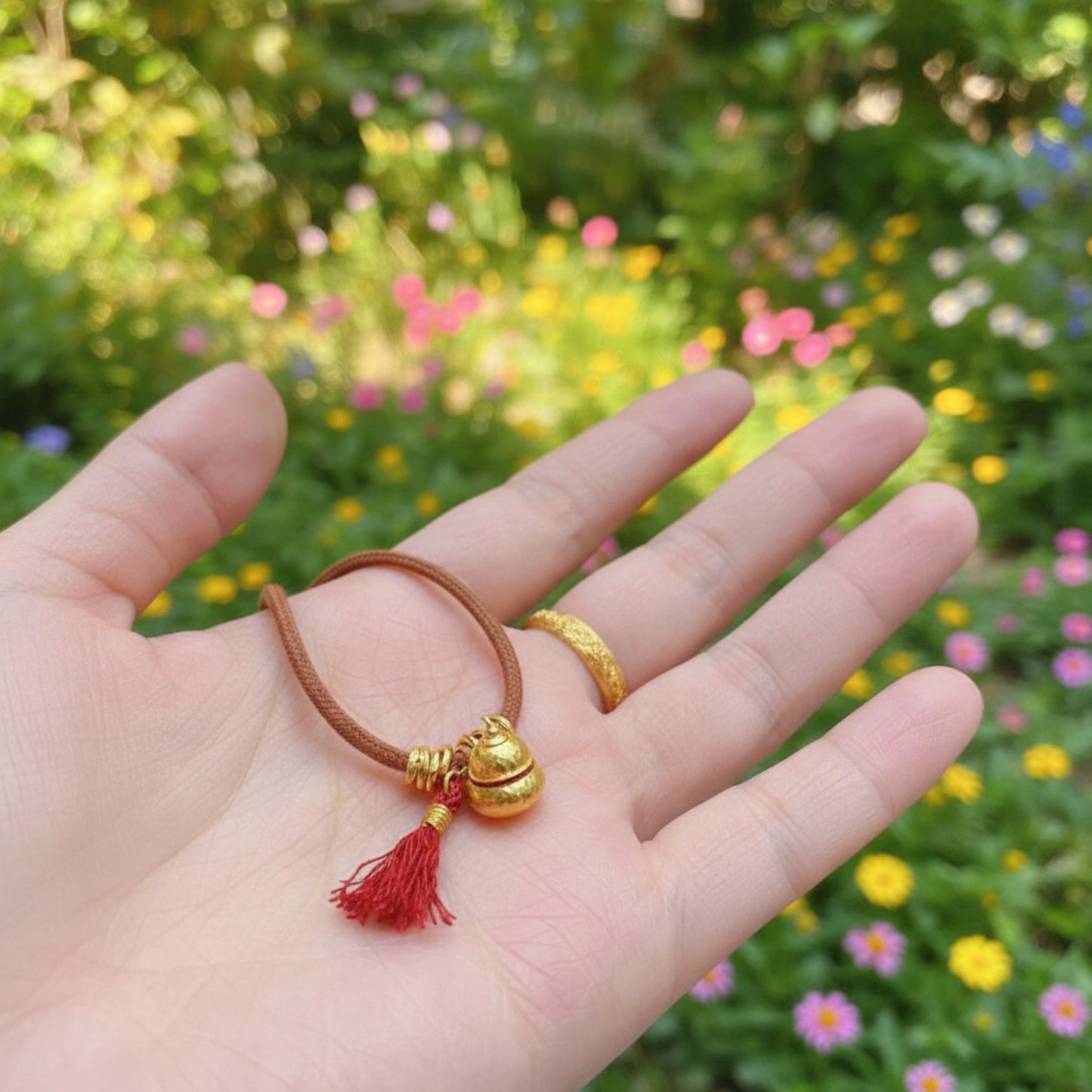 24k 999 Gold Lucky Gourd Cloisonné Enamel Hammered Charm Red String Bracelet