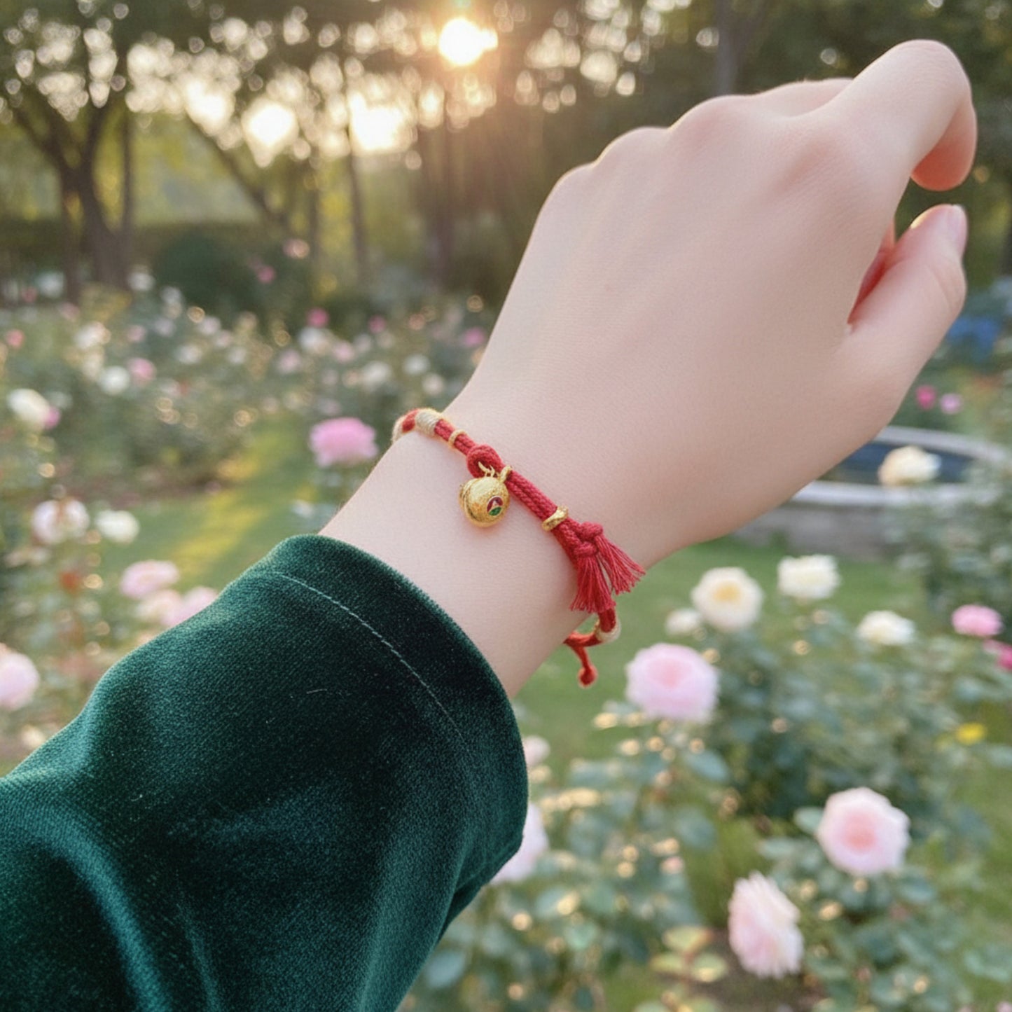 24k 999 Gold Lucky Gourd Cloisonné Enamel Hammered Charm Red String Bracelet