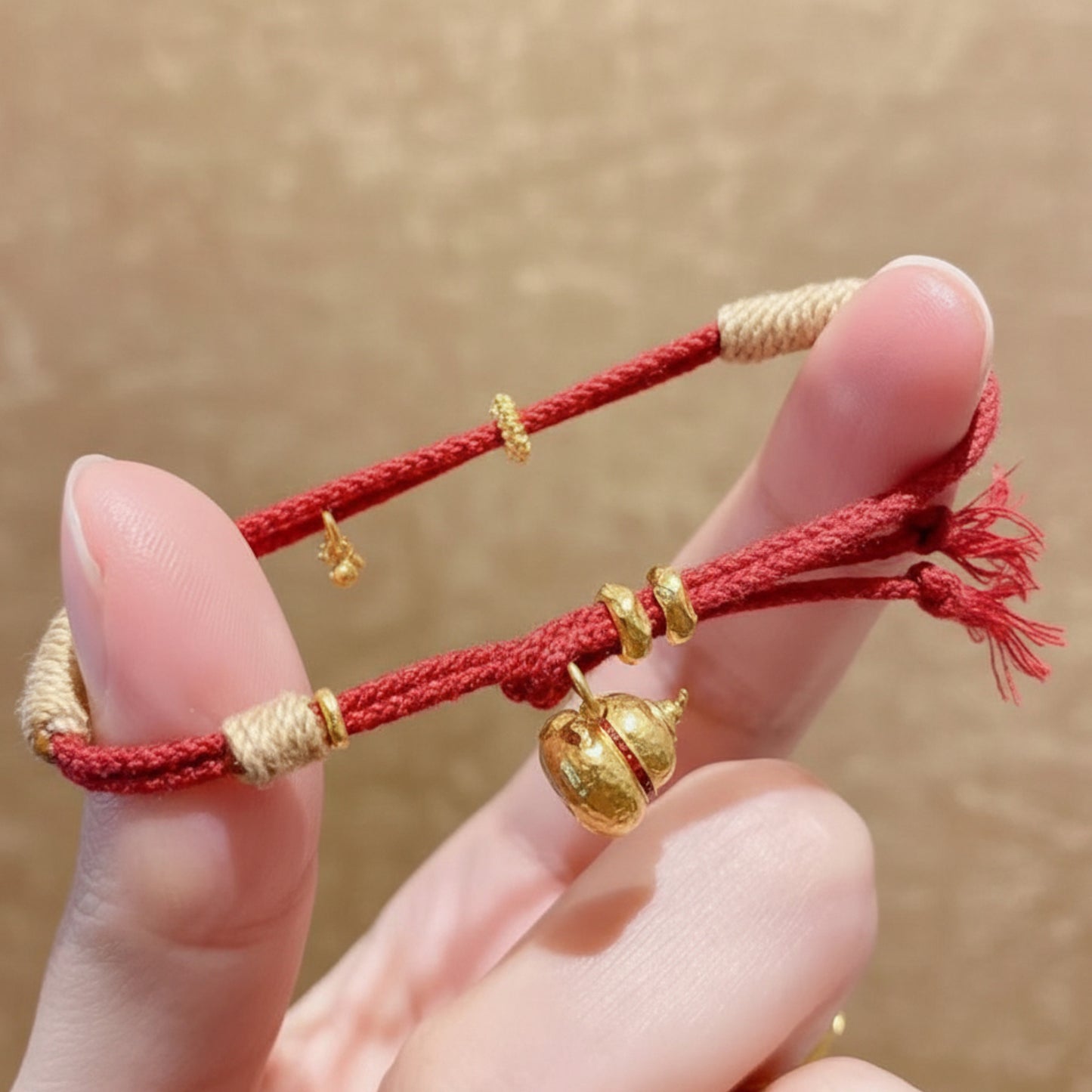 24k 999 Gold Lucky Gourd Cloisonné Enamel Hammered Charm Red String Bracelet