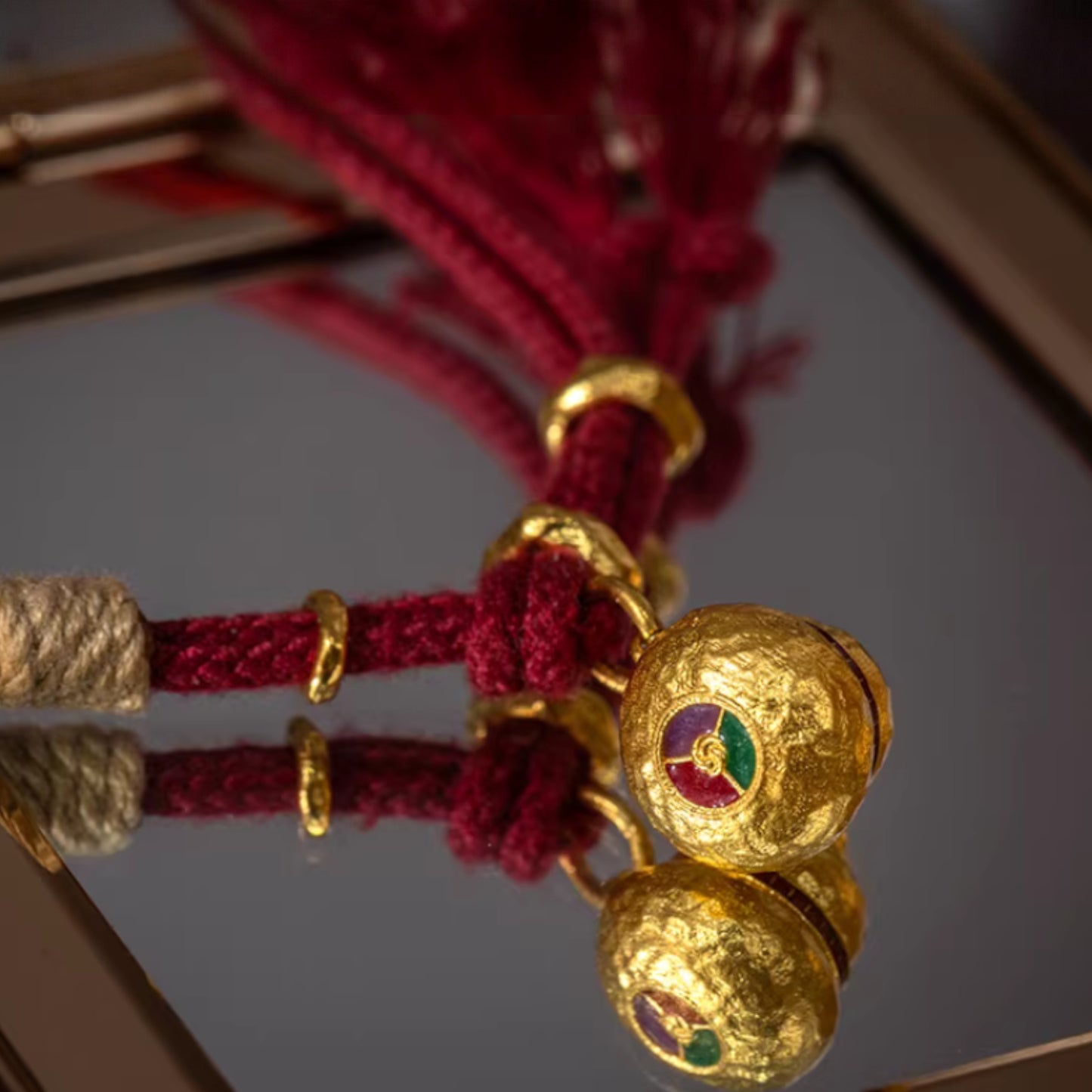 24k 999 Gold Lucky Gourd Cloisonné Enamel Hammered Charm Red String Bracelet