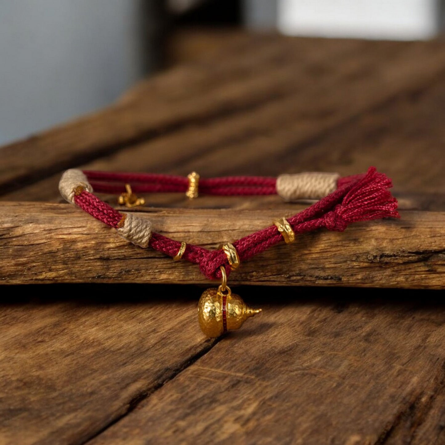 24k 999 Gold Lucky Gourd Cloisonné Enamel Hammered Charm Red String Bracelet