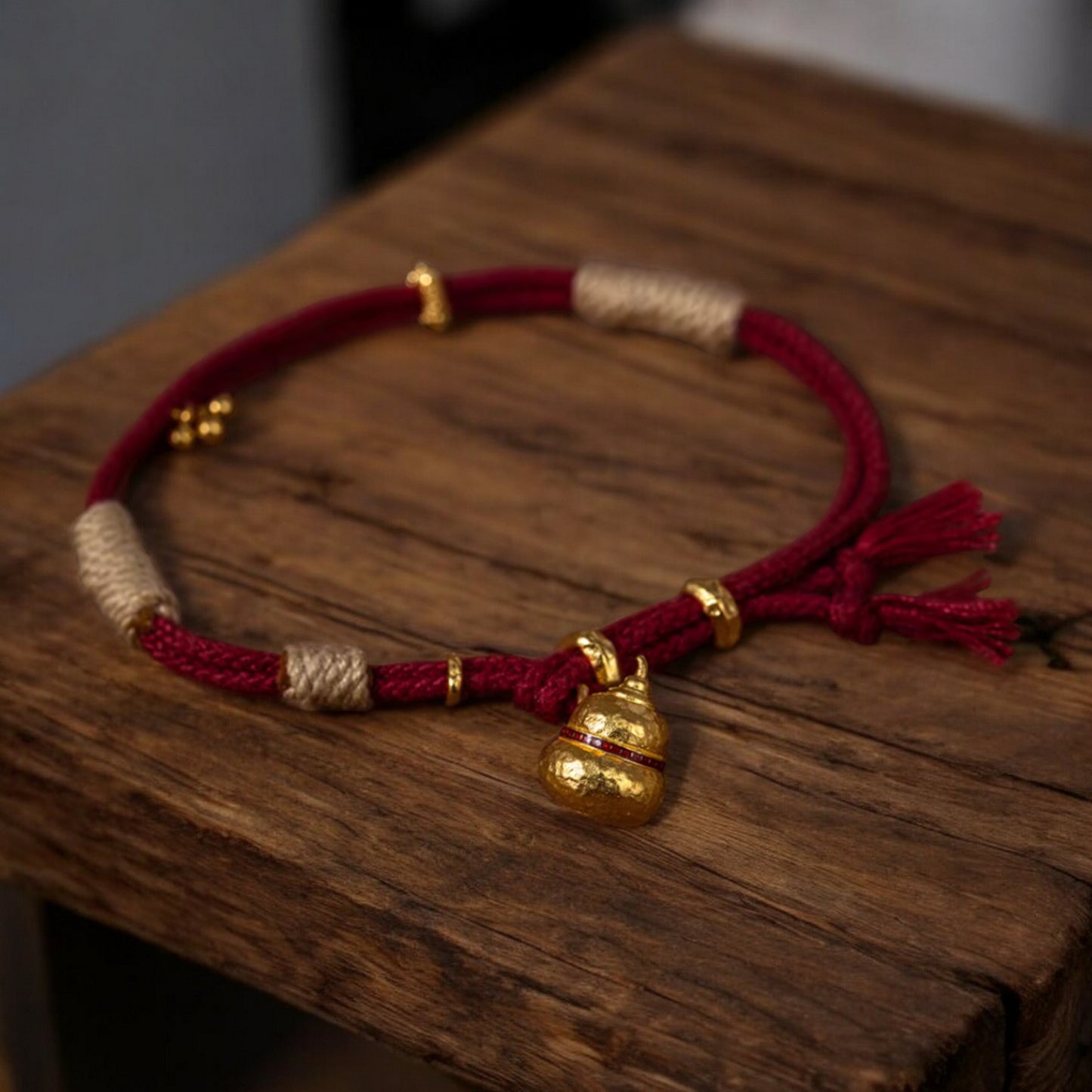 24k 999 Gold Lucky Gourd Cloisonné Enamel Hammered Charm Red String Bracelet