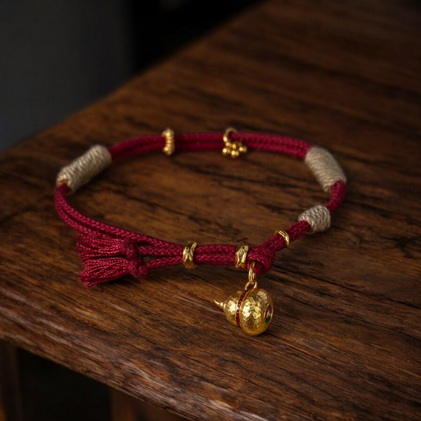 24k 999 Gold Lucky Gourd Cloisonné Enamel Hammered Charm Red String Bracelet