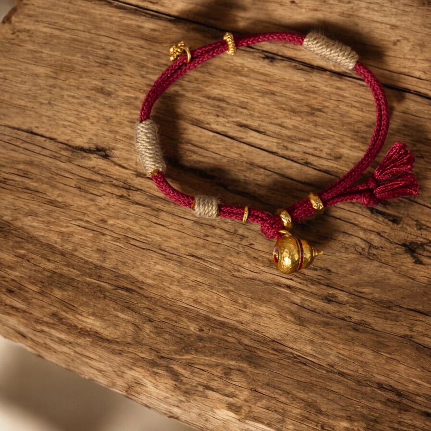 24k 999 Gold Lucky Gourd Cloisonné Enamel Hammered Charm Red String Bracelet