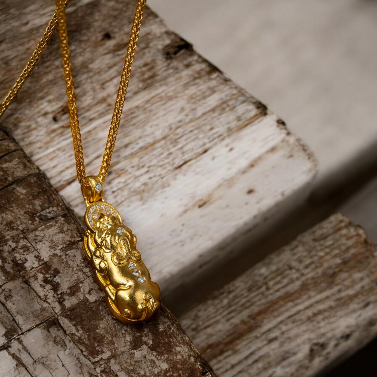 24K Real Gold Diamond Chinese Coin Mythical Beast Pixiu Pi Yao Necklace Pendant