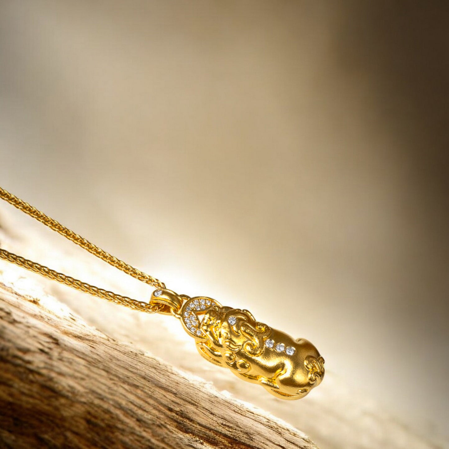 24K Real Gold Diamond Chinese Coin Mythical Beast Pixiu Pi Yao Necklace Pendant