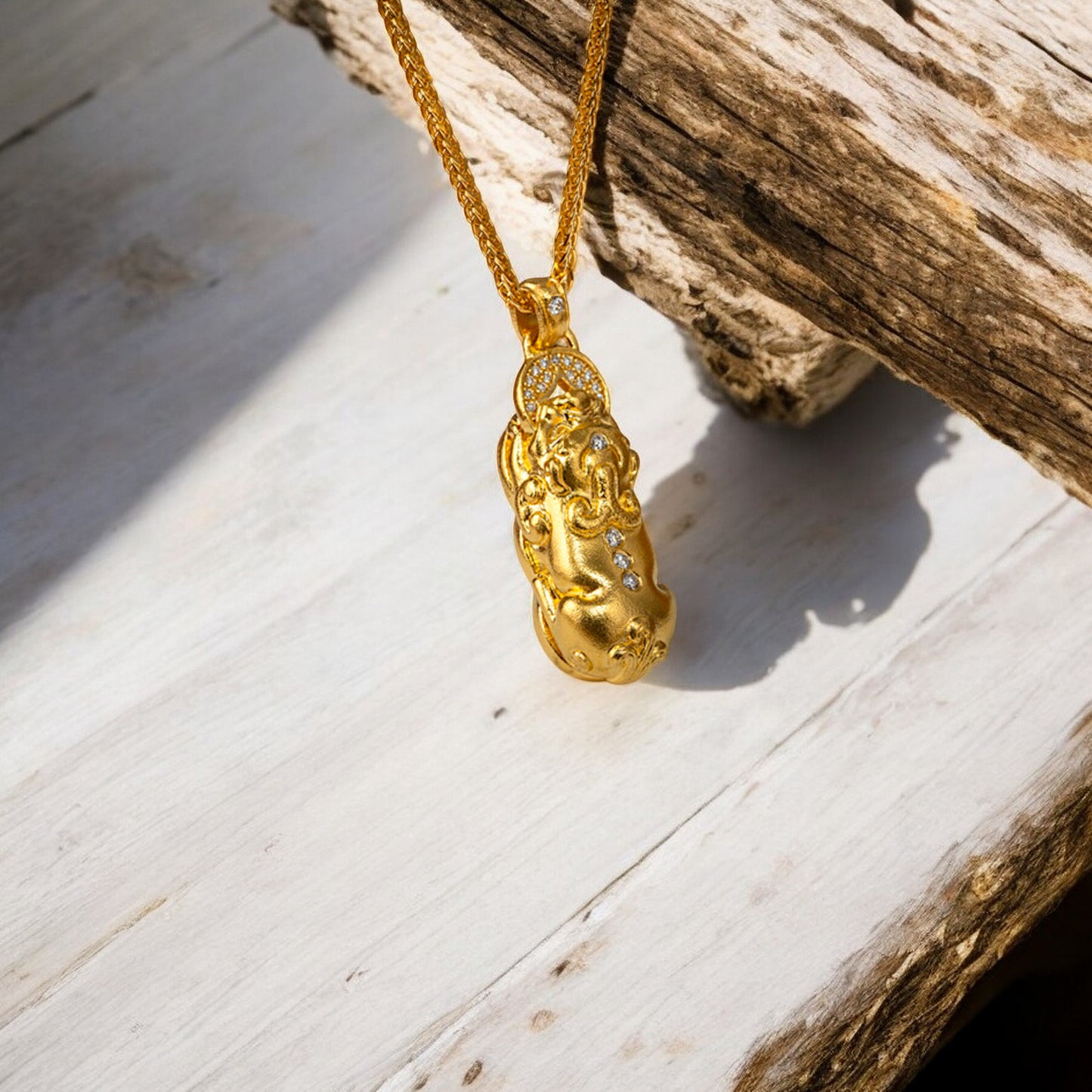 24K Real Gold Diamond Chinese Coin Mythical Beast Pixiu Pi Yao Necklace Pendant