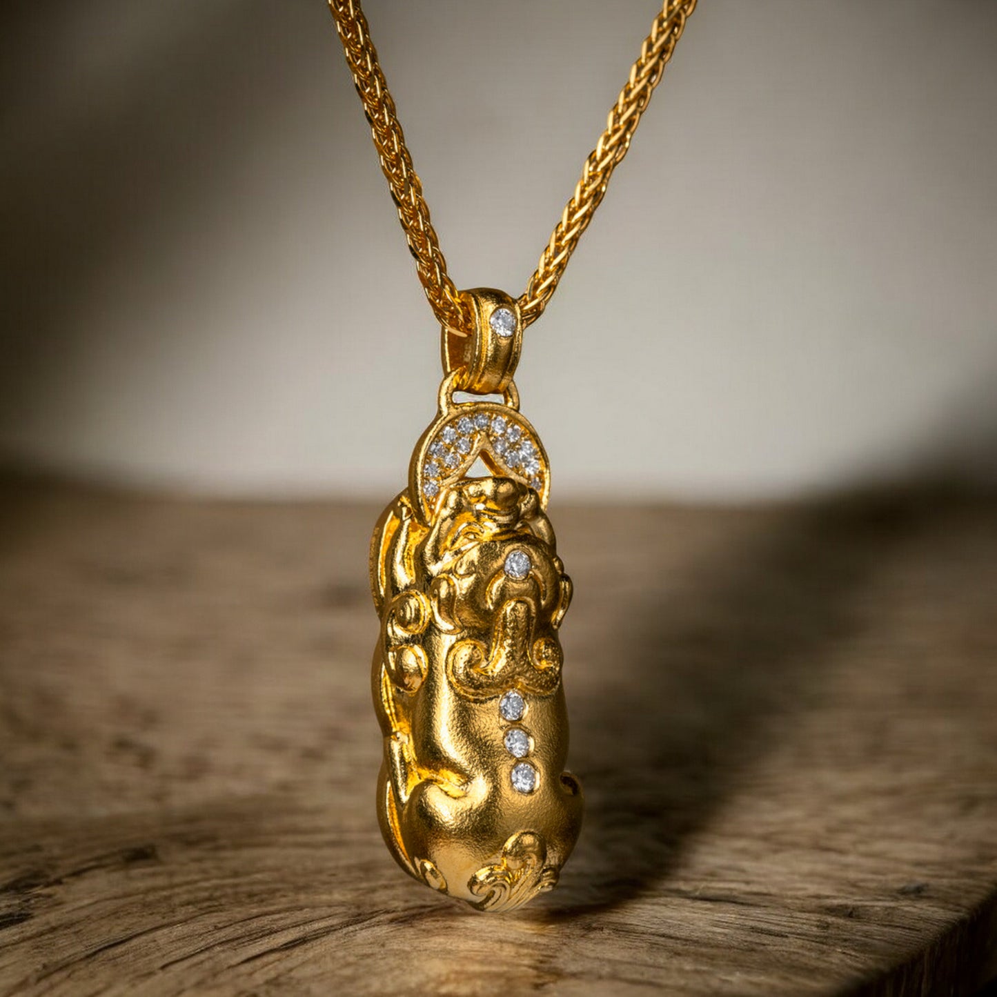 24K Real Gold Diamond Chinese Coin Mythical Beast Pixiu Pi Yao Necklace Pendant