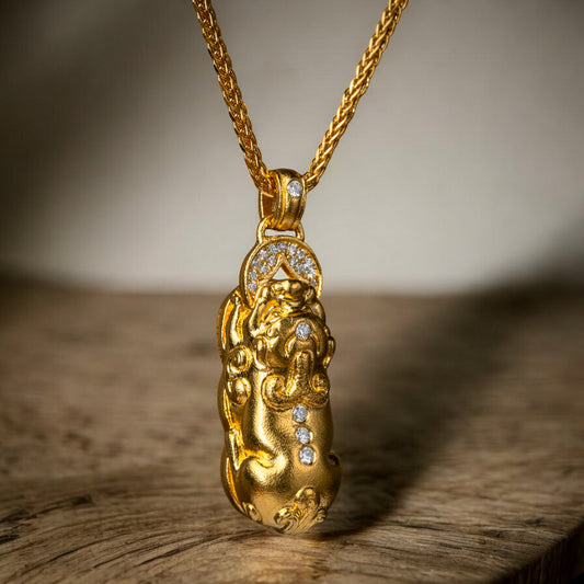 24K Real Gold Diamond Chinese Coin Mythical Beast Pixiu Pi Yao Necklace Pendant
