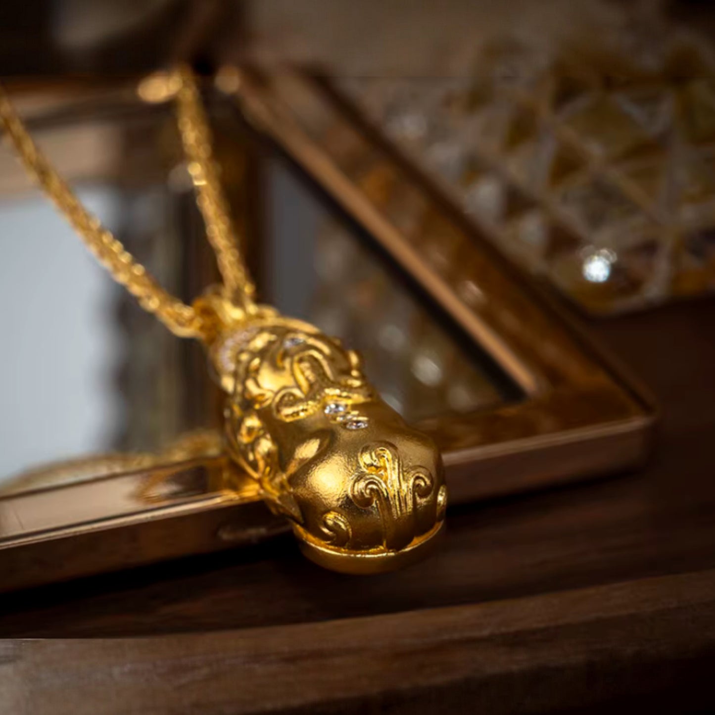 24K Real Gold Diamond Chinese Coin Mythical Beast Pixiu Pi Yao Necklace Pendant