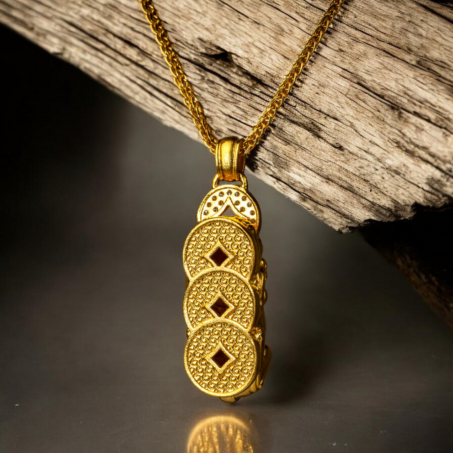 24K Real Gold Diamond Chinese Coin Mythical Beast Pixiu Pi Yao Necklace Pendant