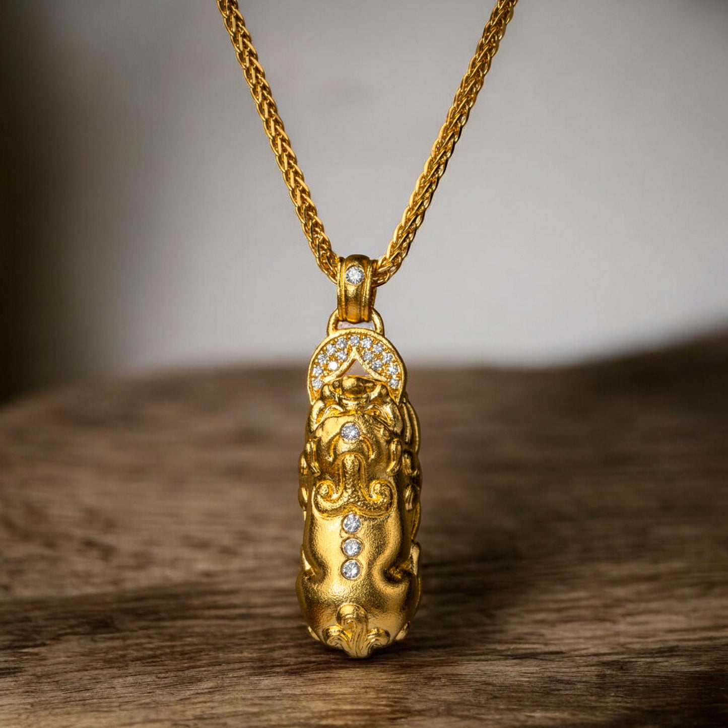 24K Real Gold Diamond Chinese Coin Mythical Beast Pixiu Pi Yao Necklace Pendant