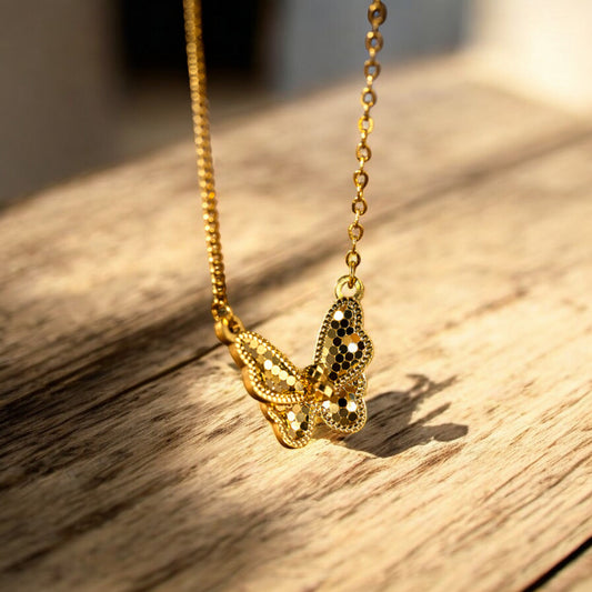 24K Real Gold Sparkling Butterfly Pendant Necklace
