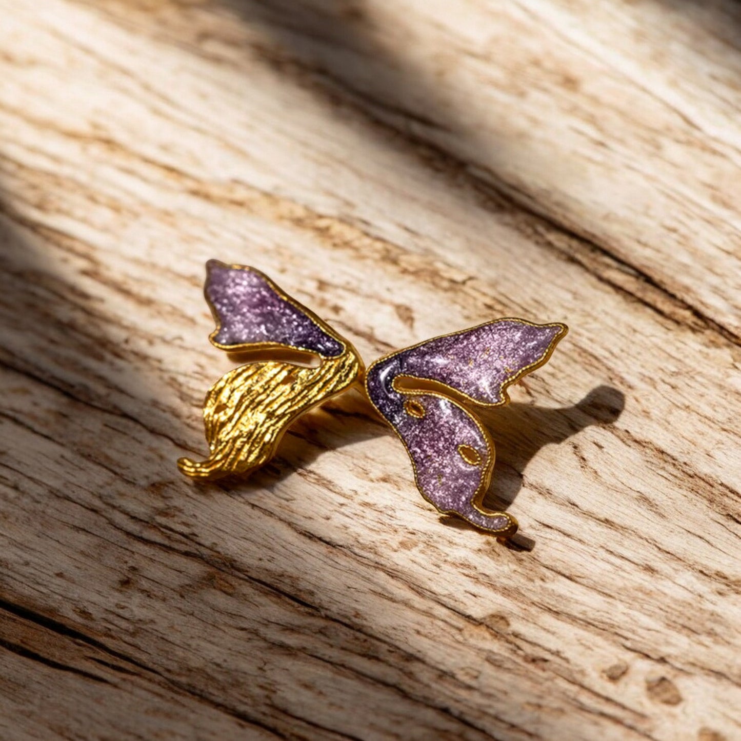 24K Real 999 Gold Enamel Cloisonné Butterfly Stud Earrings