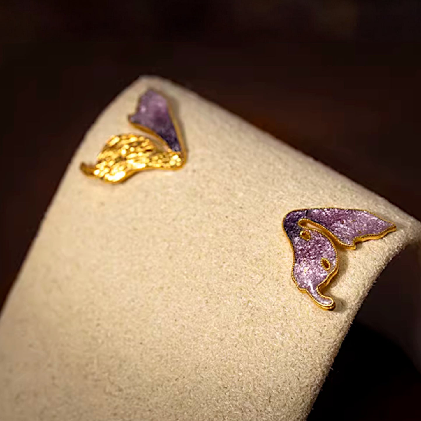 24K Real 999 Gold Enamel Cloisonné Butterfly Stud Earrings