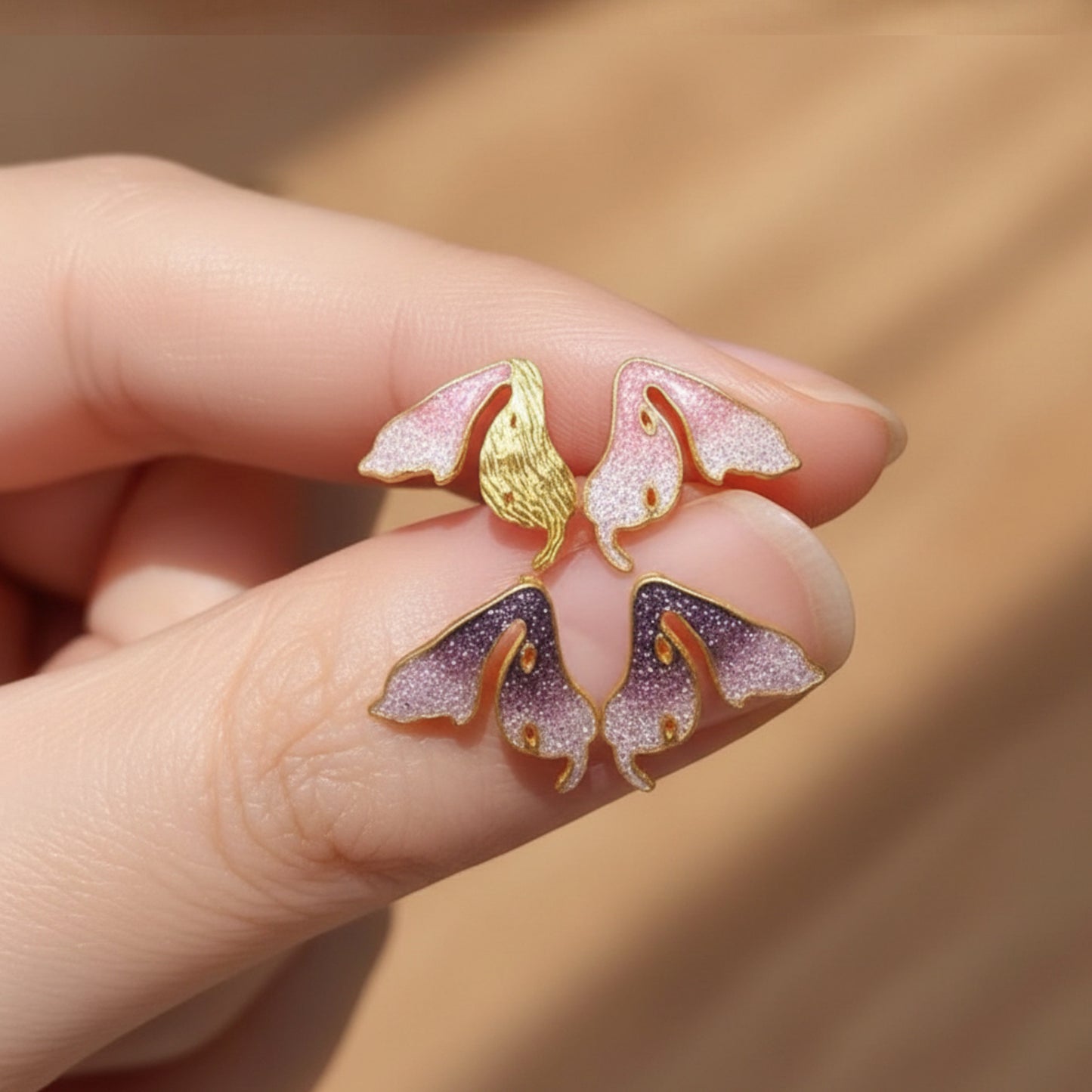 24K Real 999 Gold Enamel Cloisonné Butterfly Stud Earrings