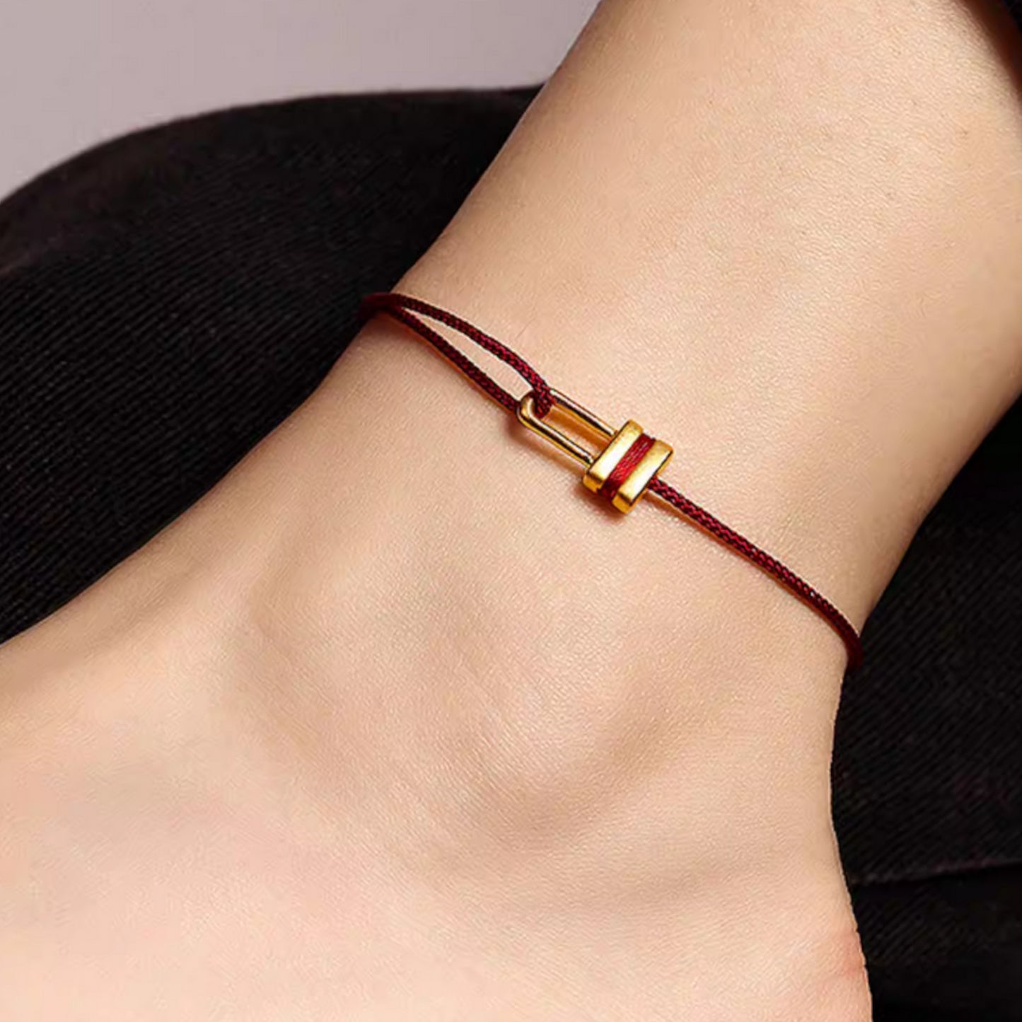 24k Pure 999 Gold Lucky Lock Charm with Red Rope Bracelet