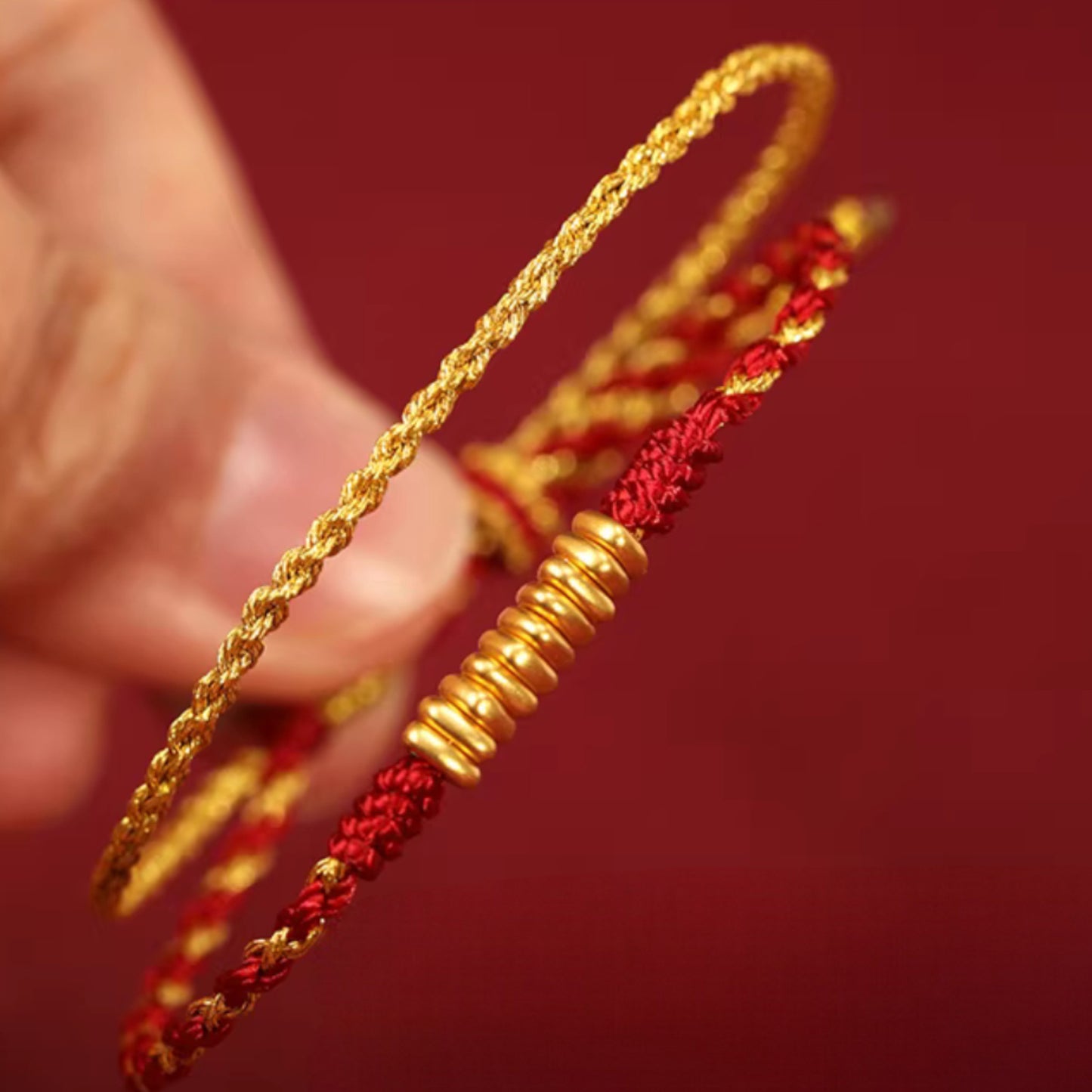 24k 999 Gold Beads Double Layer Red String Braided Rope Bracelet