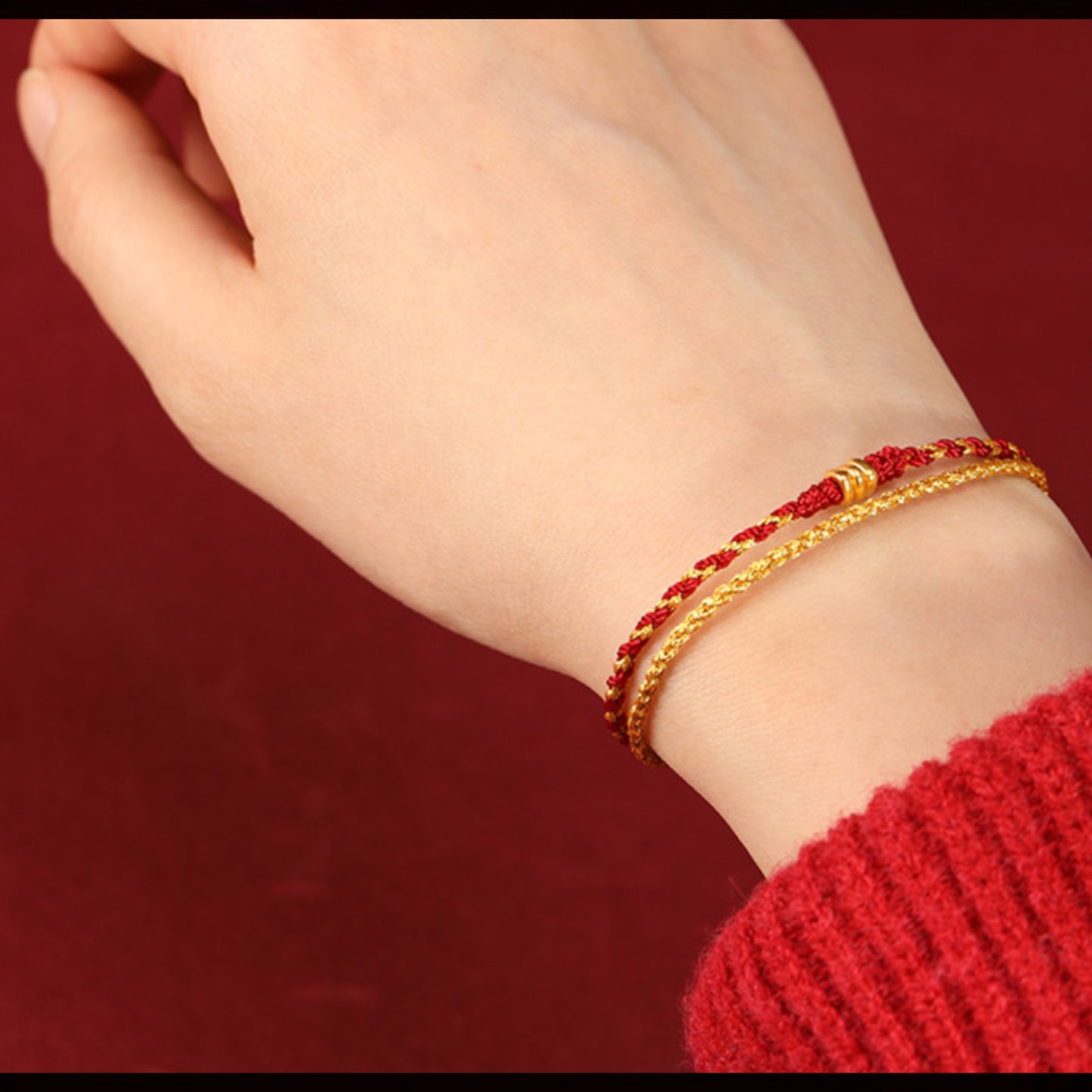 24k 999 Gold Beads Double Layer Red String Braided Rope Bracelet