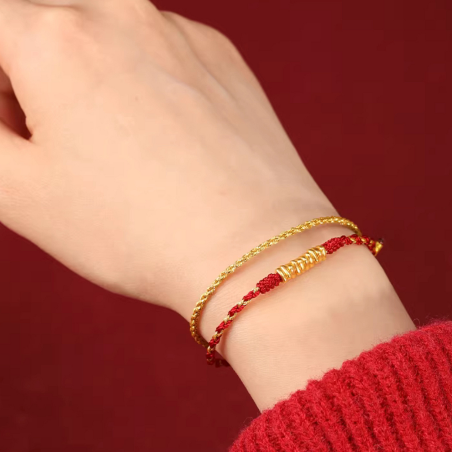 24k 999 Gold Beads Double Layer Red String Braided Rope Bracelet