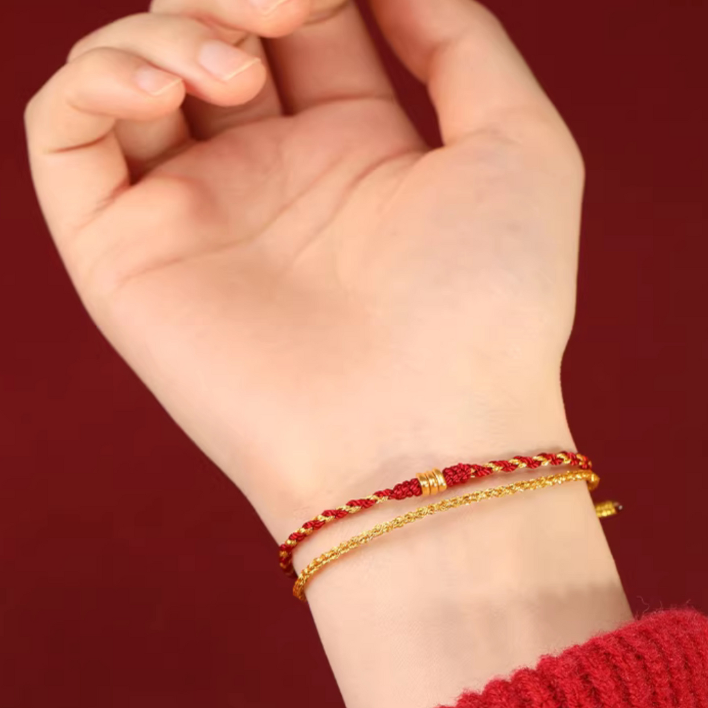 24k 999 Gold Beads Double Layer Red String Braided Rope Bracelet
