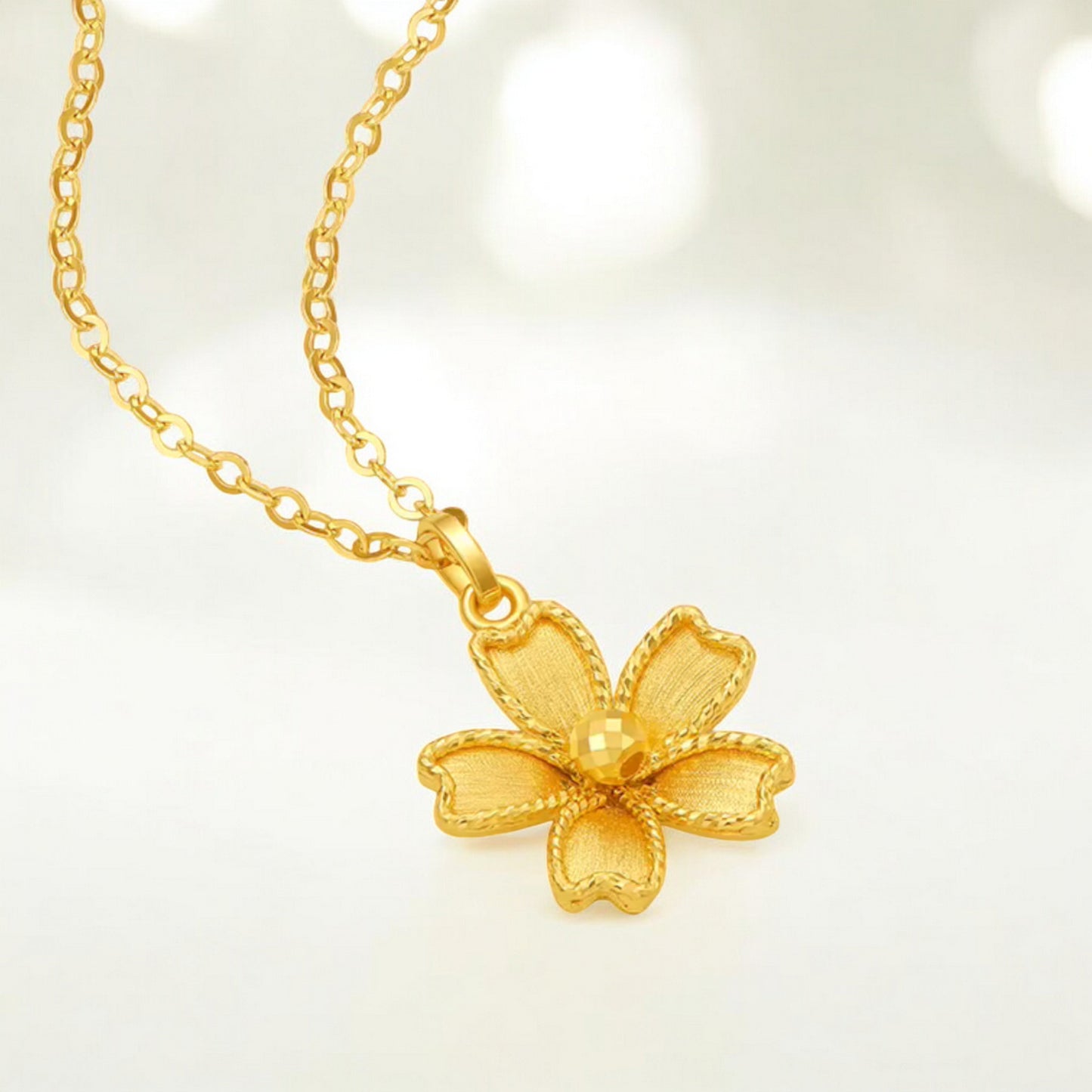 24K 999 5G Gold Sparkling  Cherry Blossom Flower Pendant Necklace