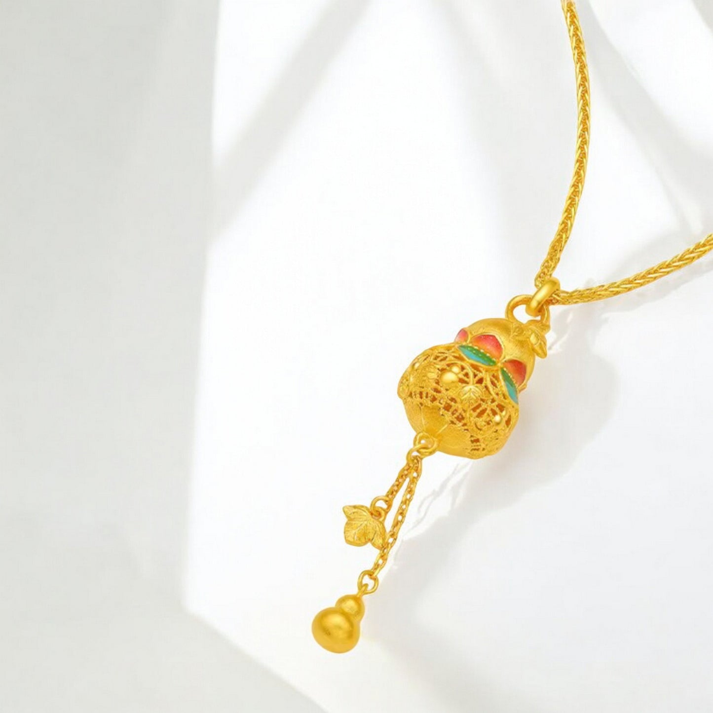 24K 999 Gold Lucky Enamel Gourd Tassel Pendant Necklace