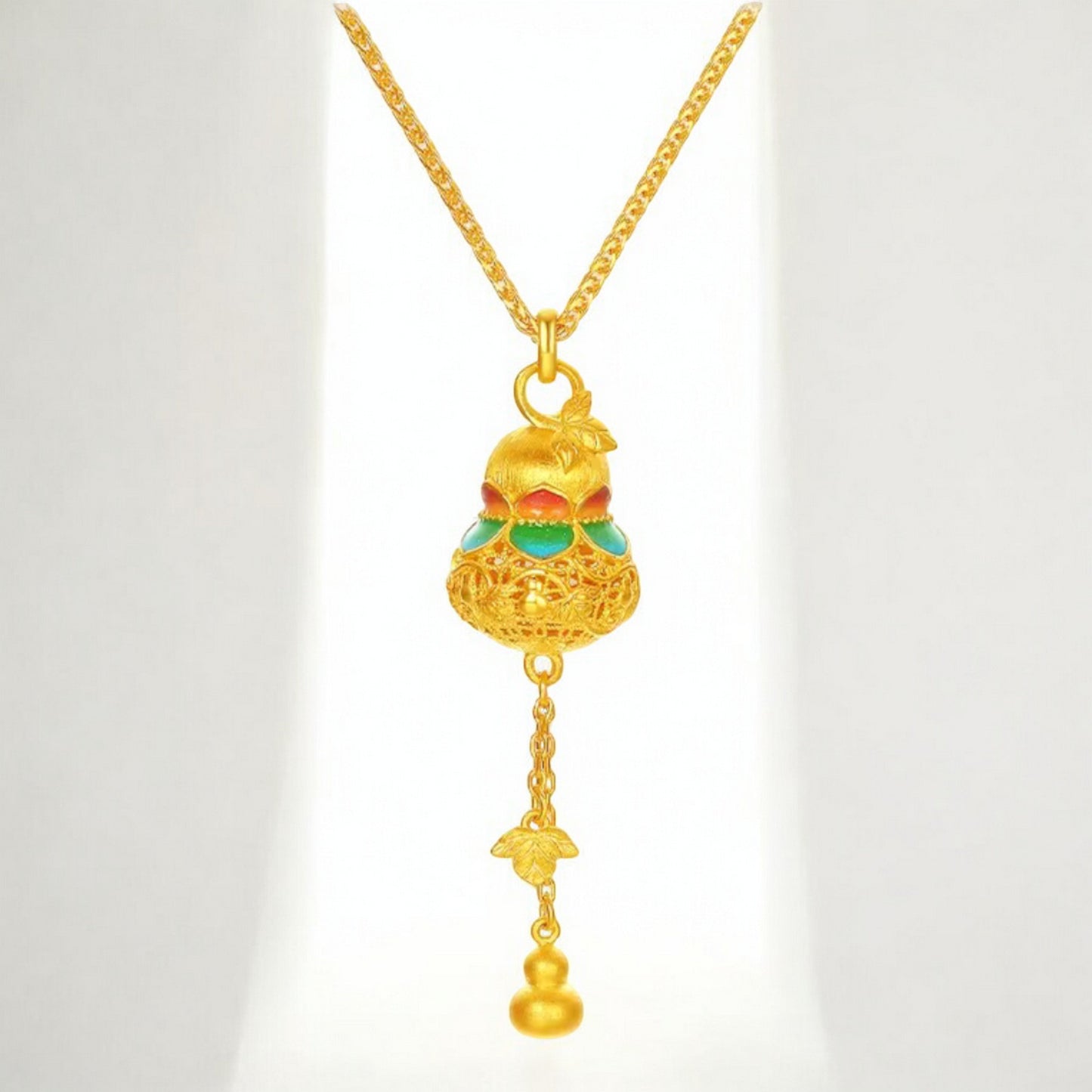 24K 999 Gold Lucky Enamel Gourd Tassel Pendant Necklace