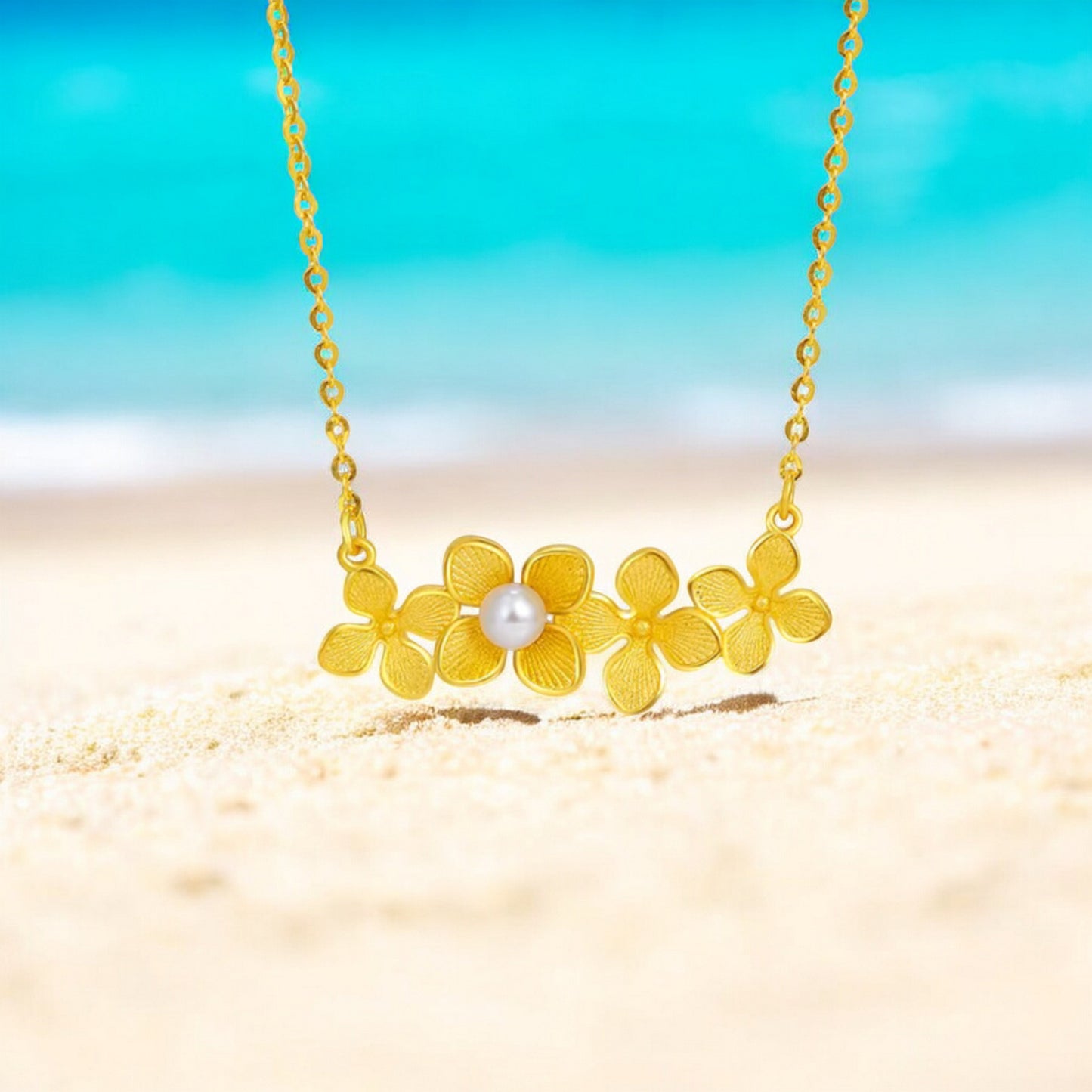 24K 999 Gold Freshwater Pearls Hydrangeas Flower Pendant Necklace