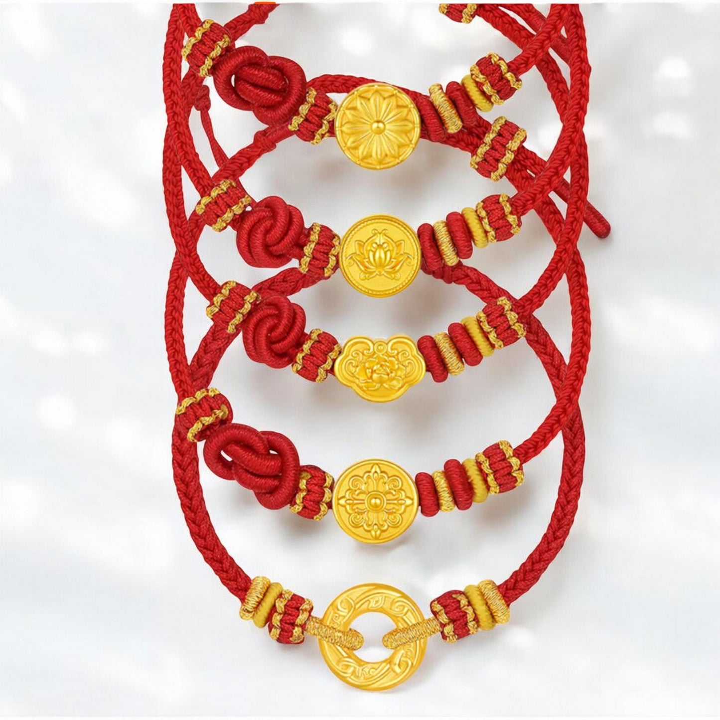 24K 5G 999 Gold Flower Gourd Lucky Cloud Charm Rope Adjustable Bracelet