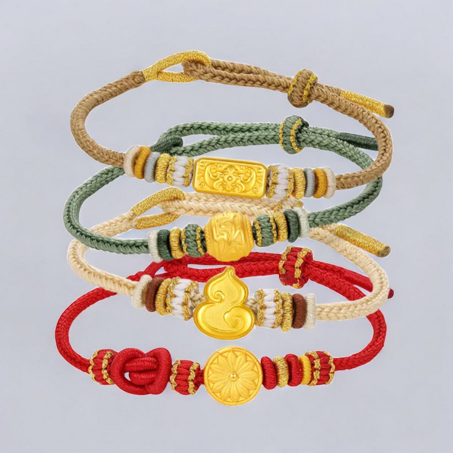 24K 5G 999 Gold Flower Gourd Lucky Cloud Charm Rope Adjustable Bracelet