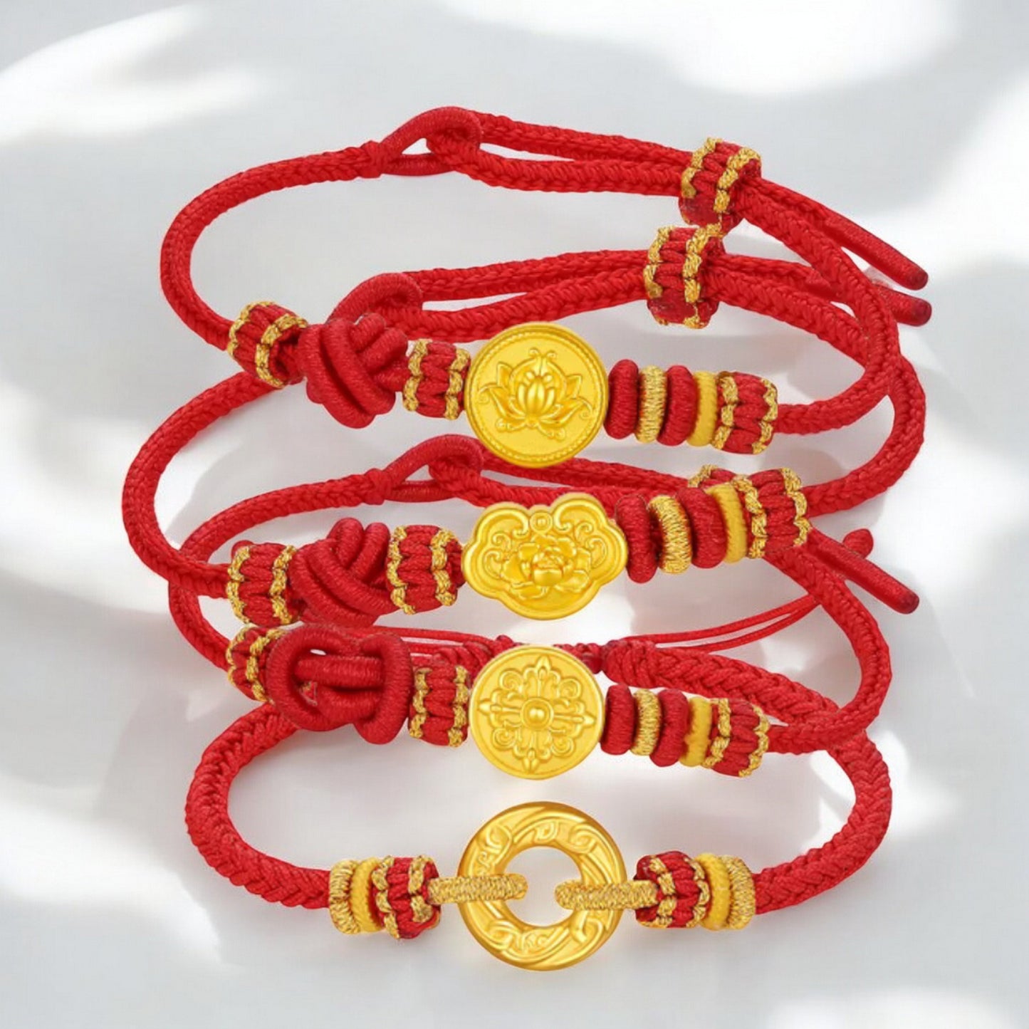 24K 5G 999 Gold Flower Gourd Lucky Cloud Charm Rope Adjustable Bracelet