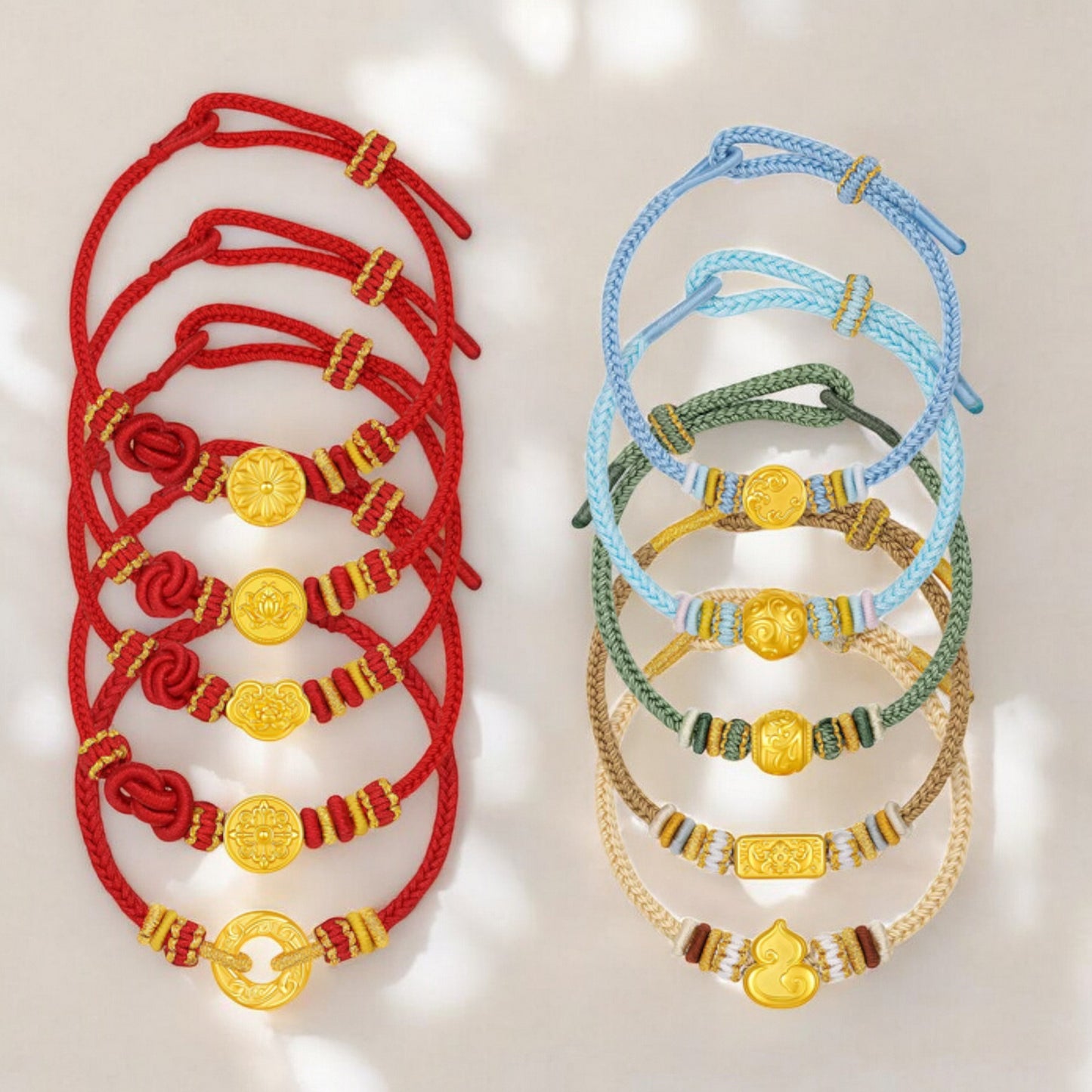 24K 5G 999 Gold Flower Gourd Lucky Cloud Charm Rope Adjustable Bracelet