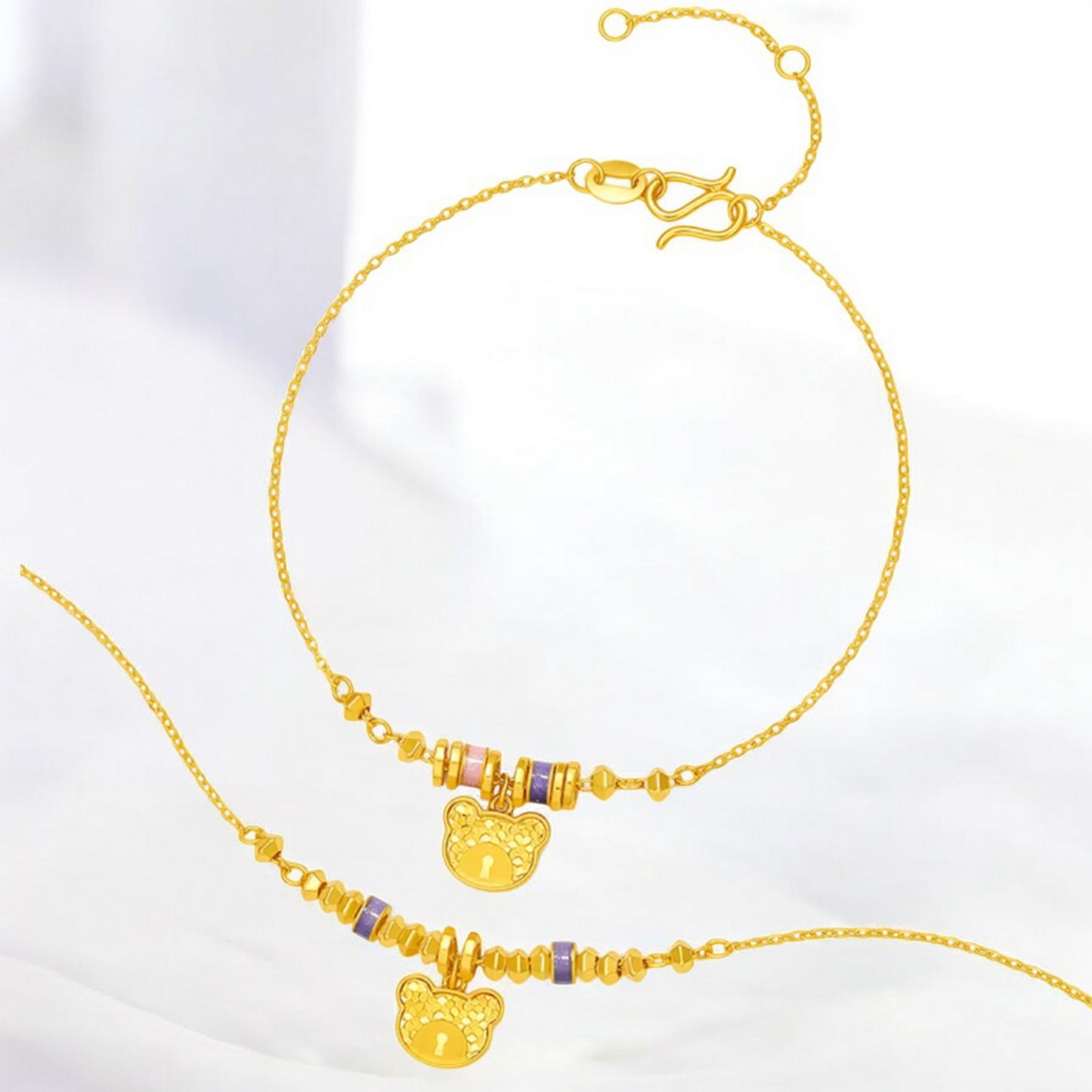 24K Real 5G 999 Gold Enamel Teddy Bear Charm Bracelet