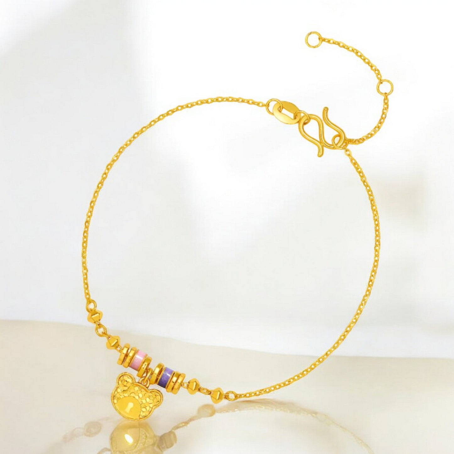 24K Real 5G 999 Gold Enamel Teddy Bear Charm Bracelet