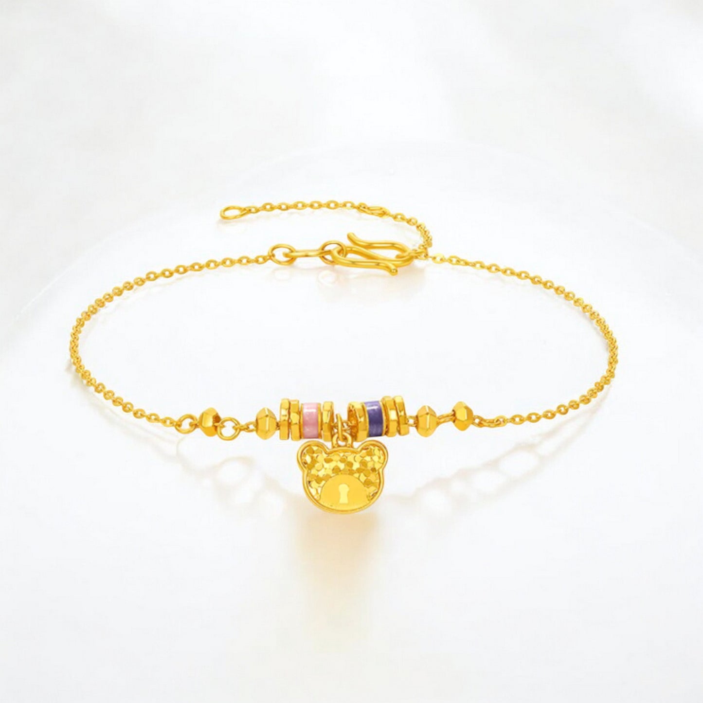 24K Real 5G 999 Gold Enamel Teddy Bear Charm Bracelet