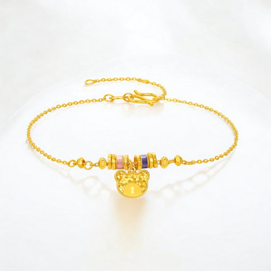 24K Real 5G 999 Gold Enamel Teddy Bear Charm Bracelet