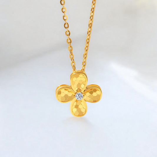 18K Pure Gold Sparkling Diamond Clover Leaf Lucky Pendant