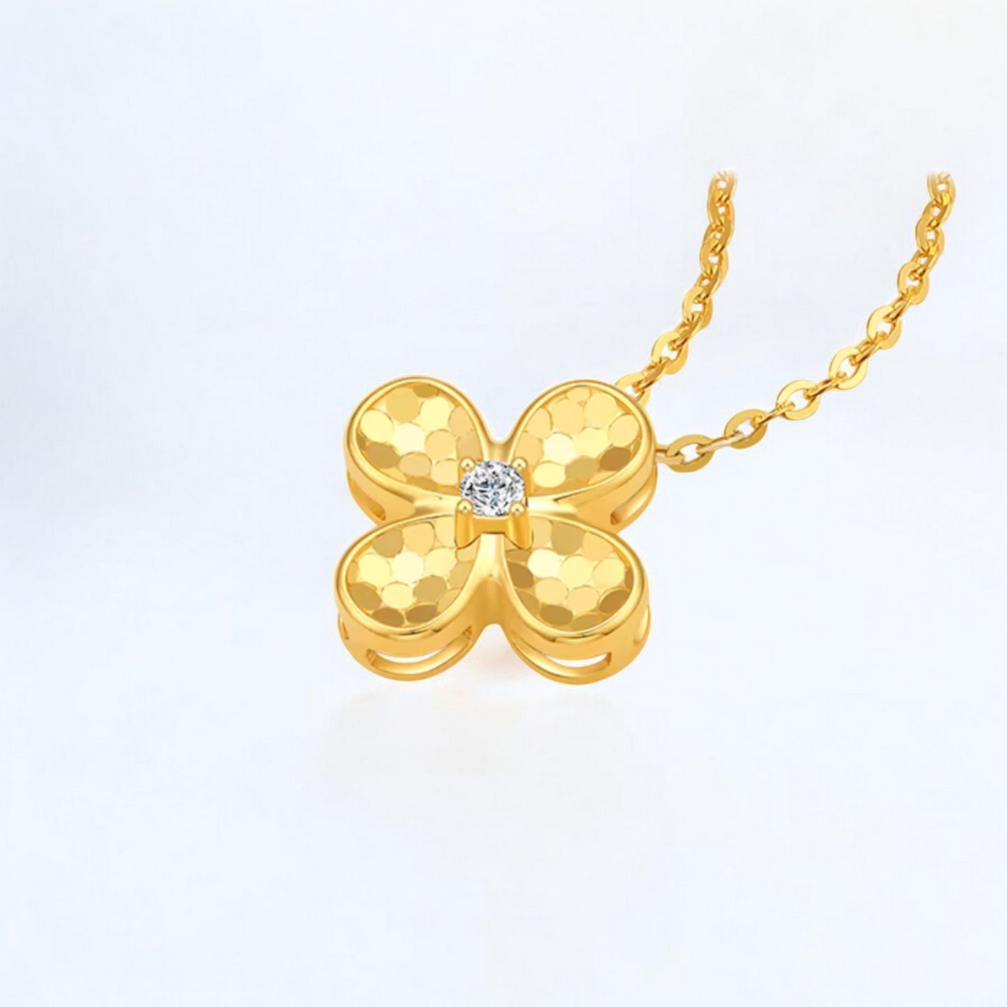 18K Pure Gold Sparkling Diamond Clover Leaf Lucky Pendant